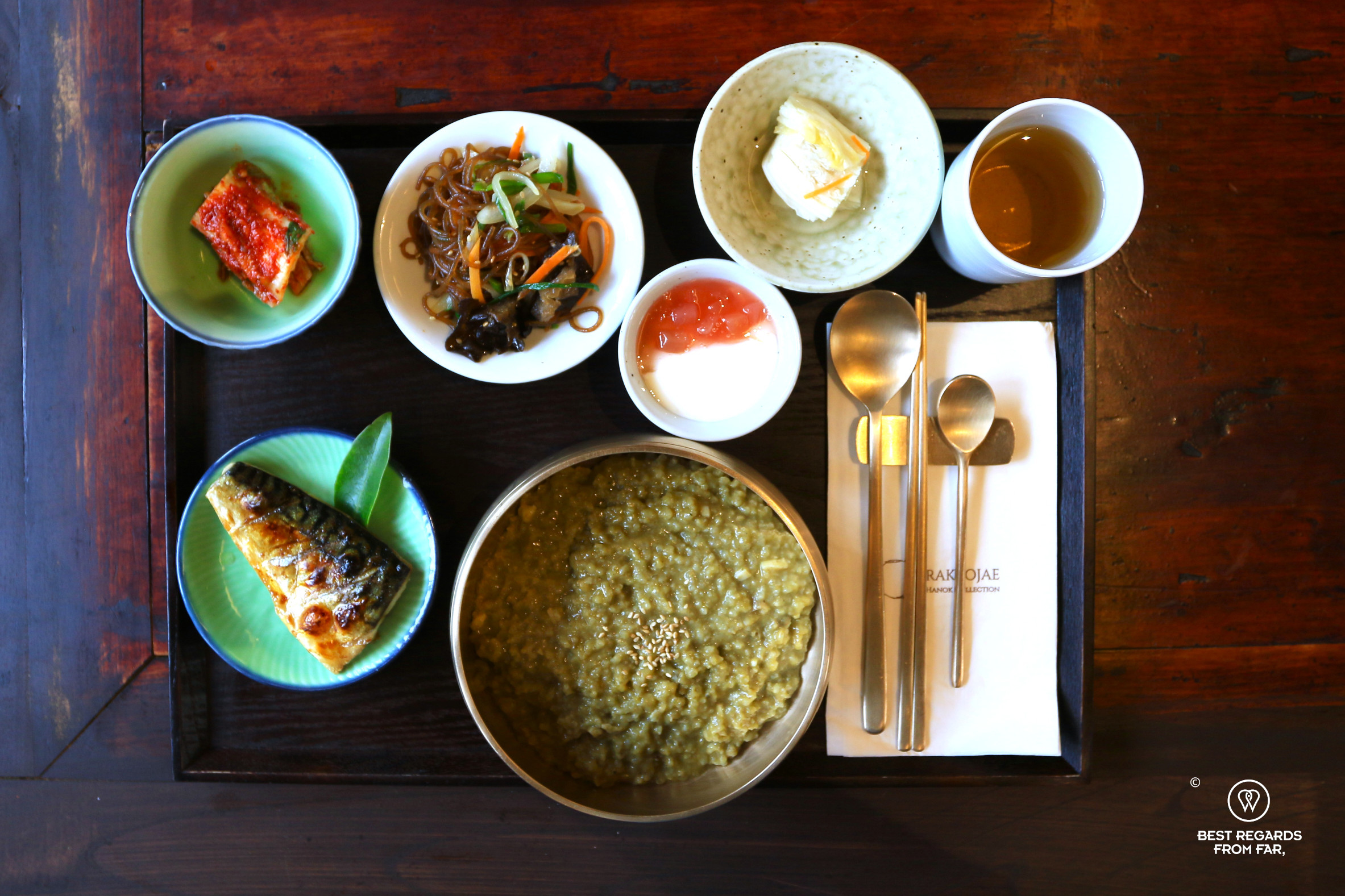 Traditional Korean breakfast at the Hahoe Rakkojae hanok hotel.