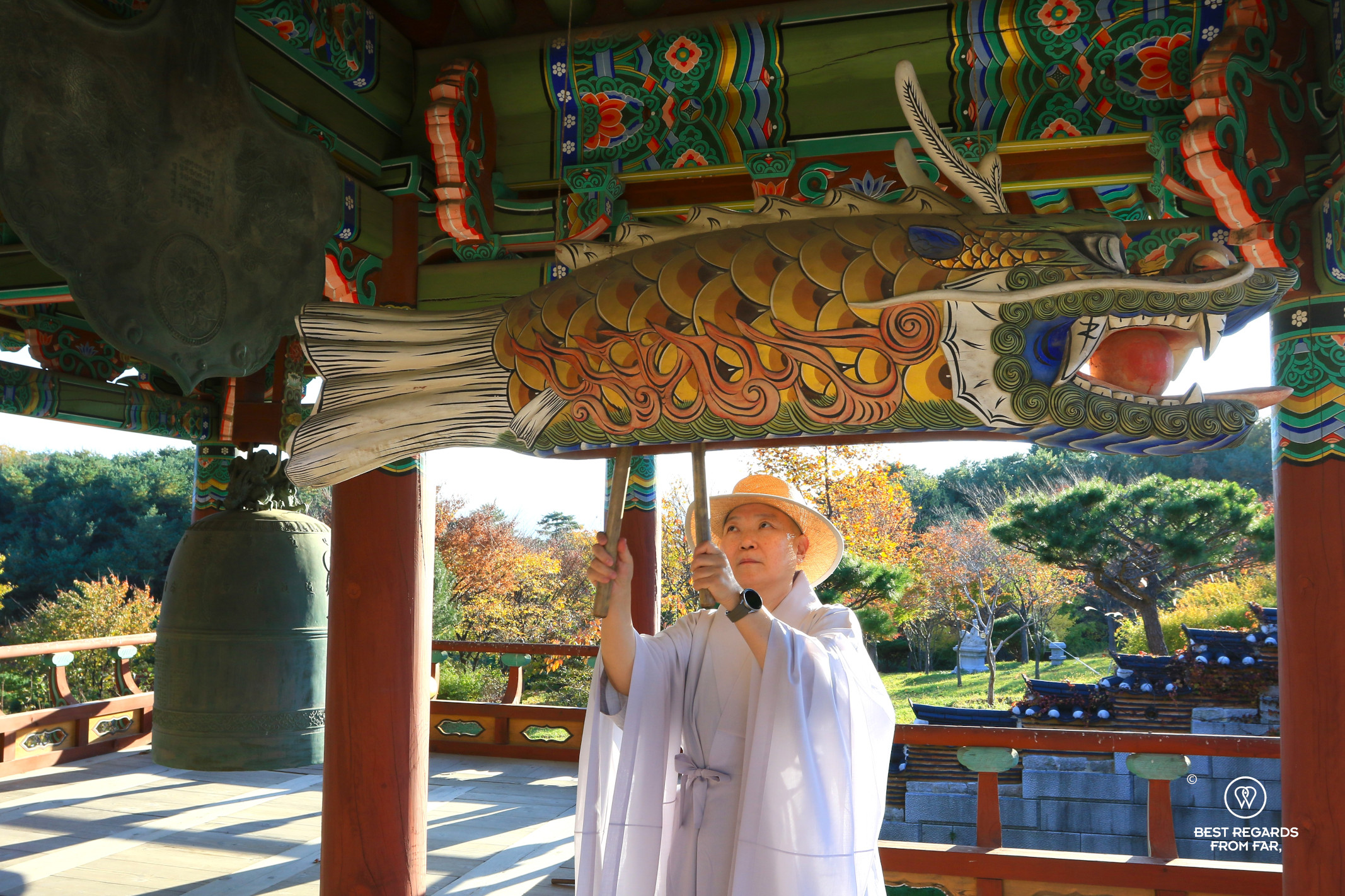 Monk Jiwol playing the dharma instruments at Naksansa temple.