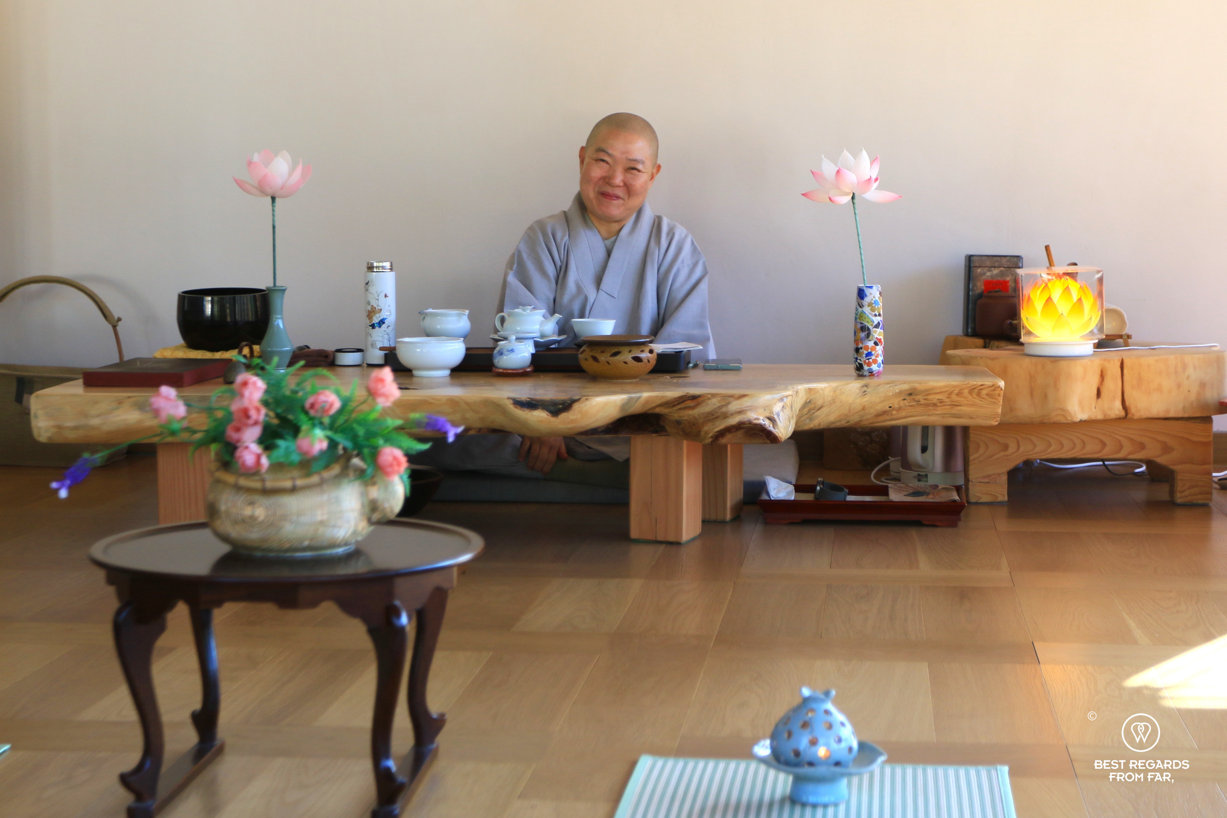 Monk Jiwol smiling during the tea meditation at Naksansa temple.