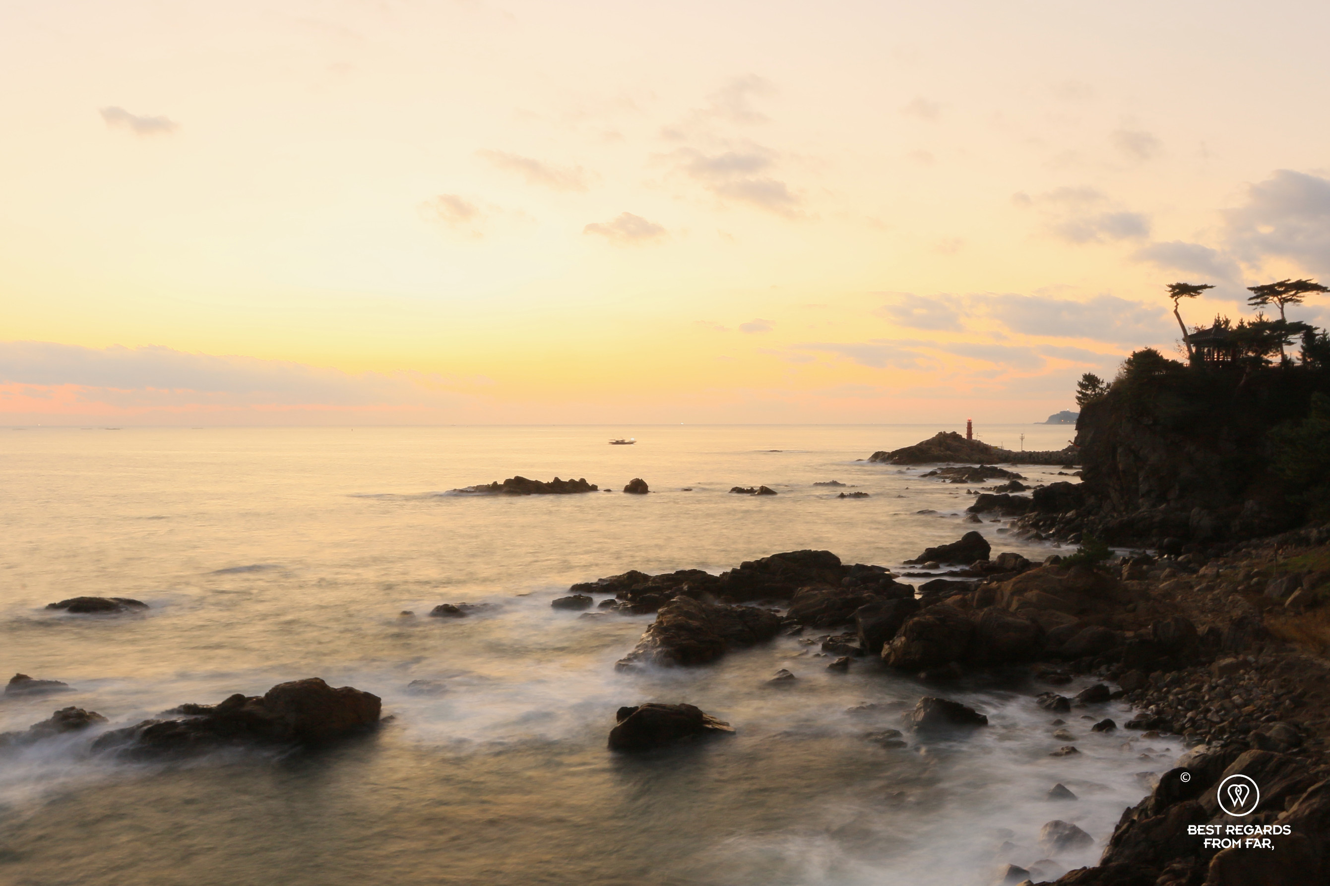 Sunrise on the sea at Naksansa temple, South Korea.