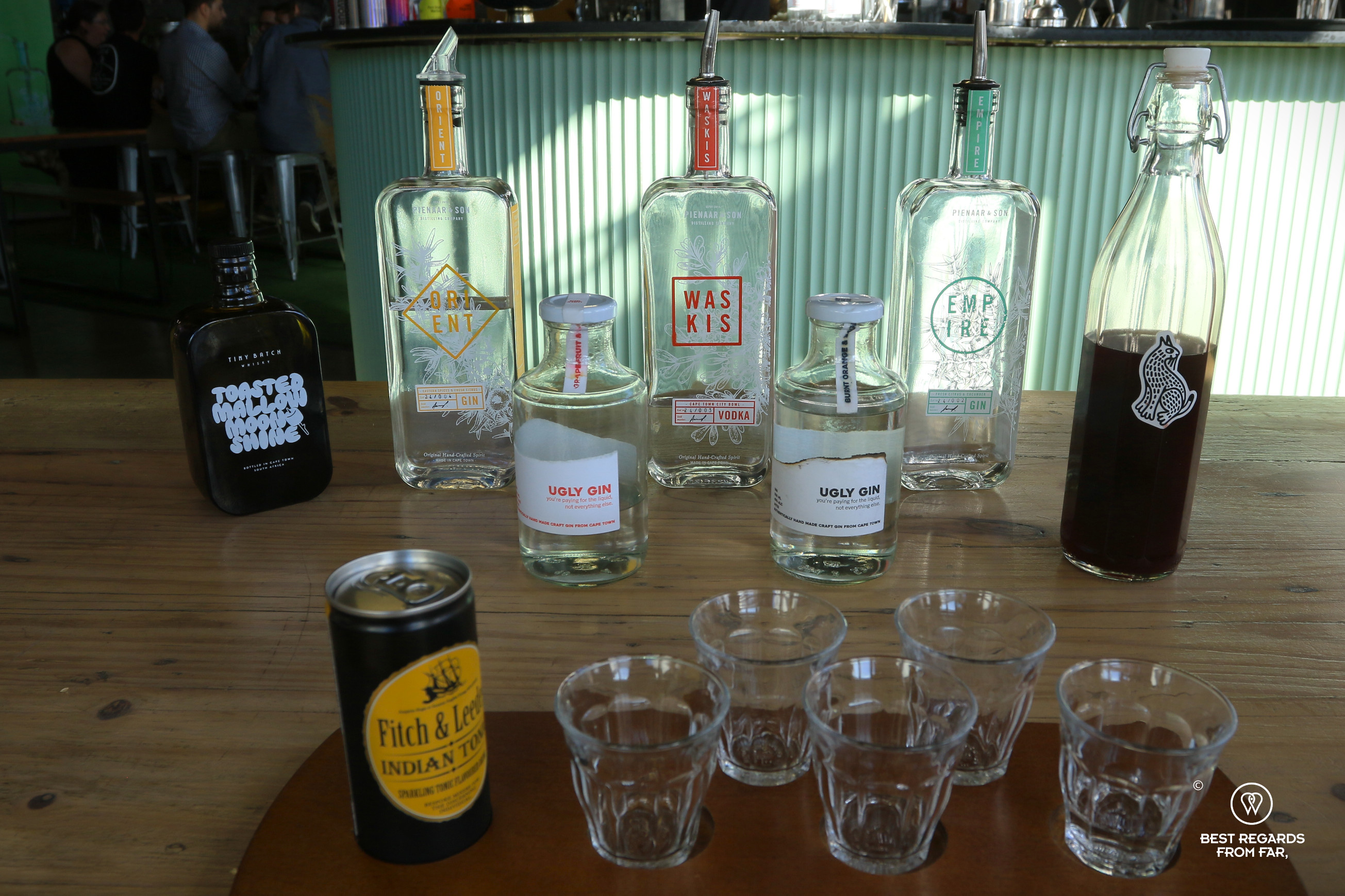 Gin tasting set at Pienaar and Son in Cape Town.