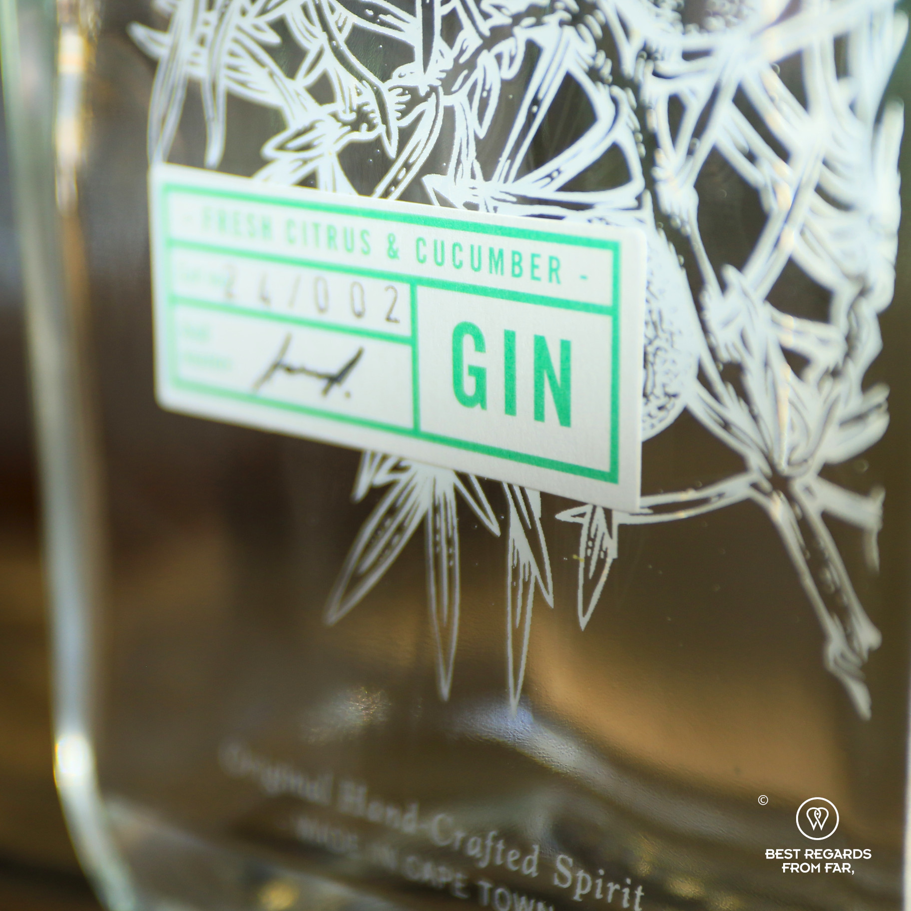 Close up of the Empire Gin bottle by Pienaar and Son in Cape Town.