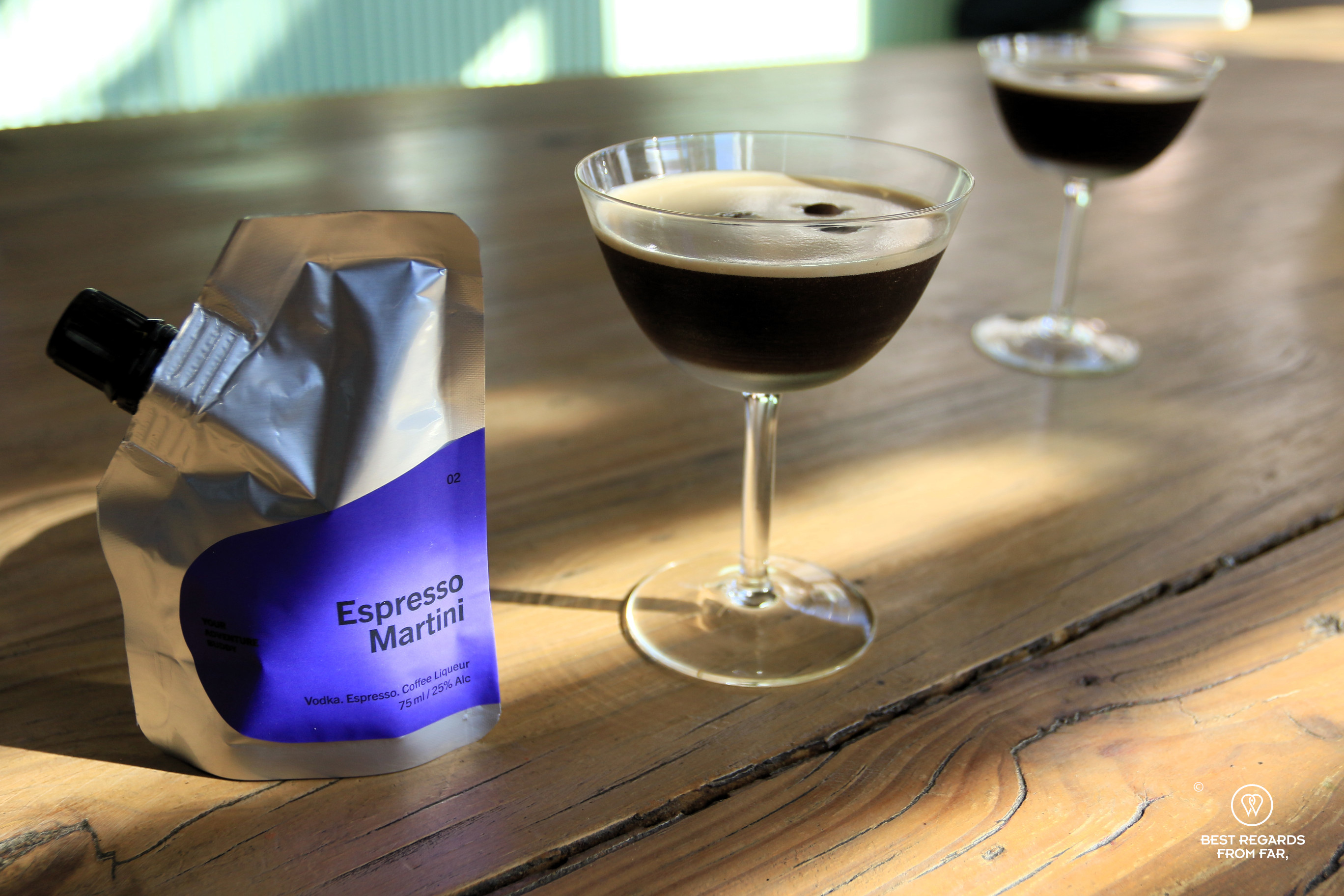 Espresso martini in a glass and in an innovative pouch on the bar of Pienaar and Son in Cape Town.