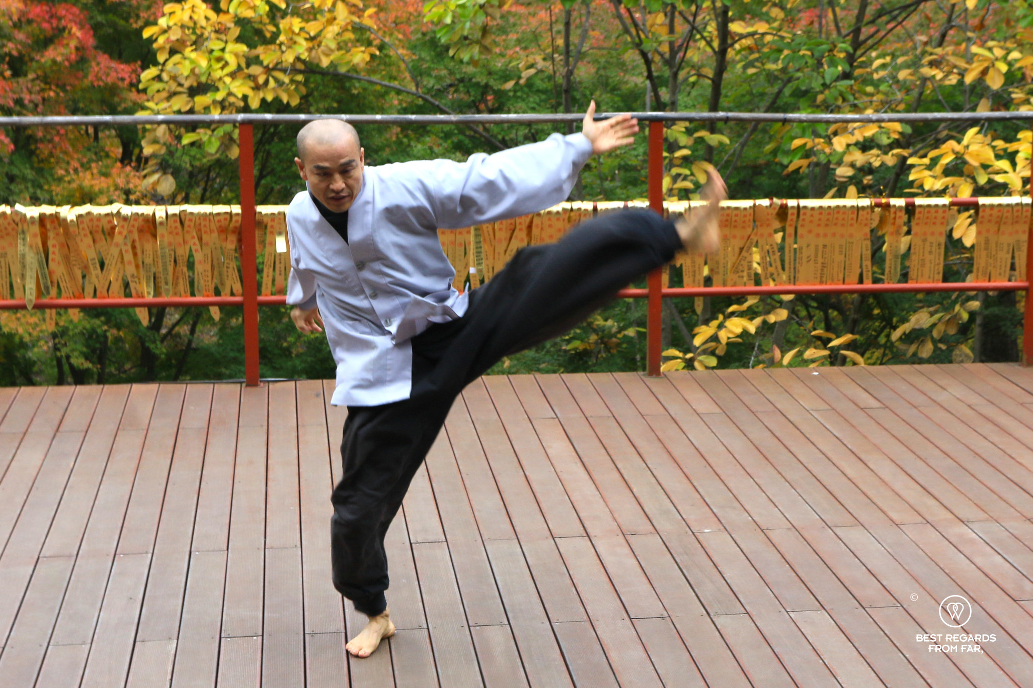 Monk demonstrating seonmudo martial art at Golgulsa Temple.