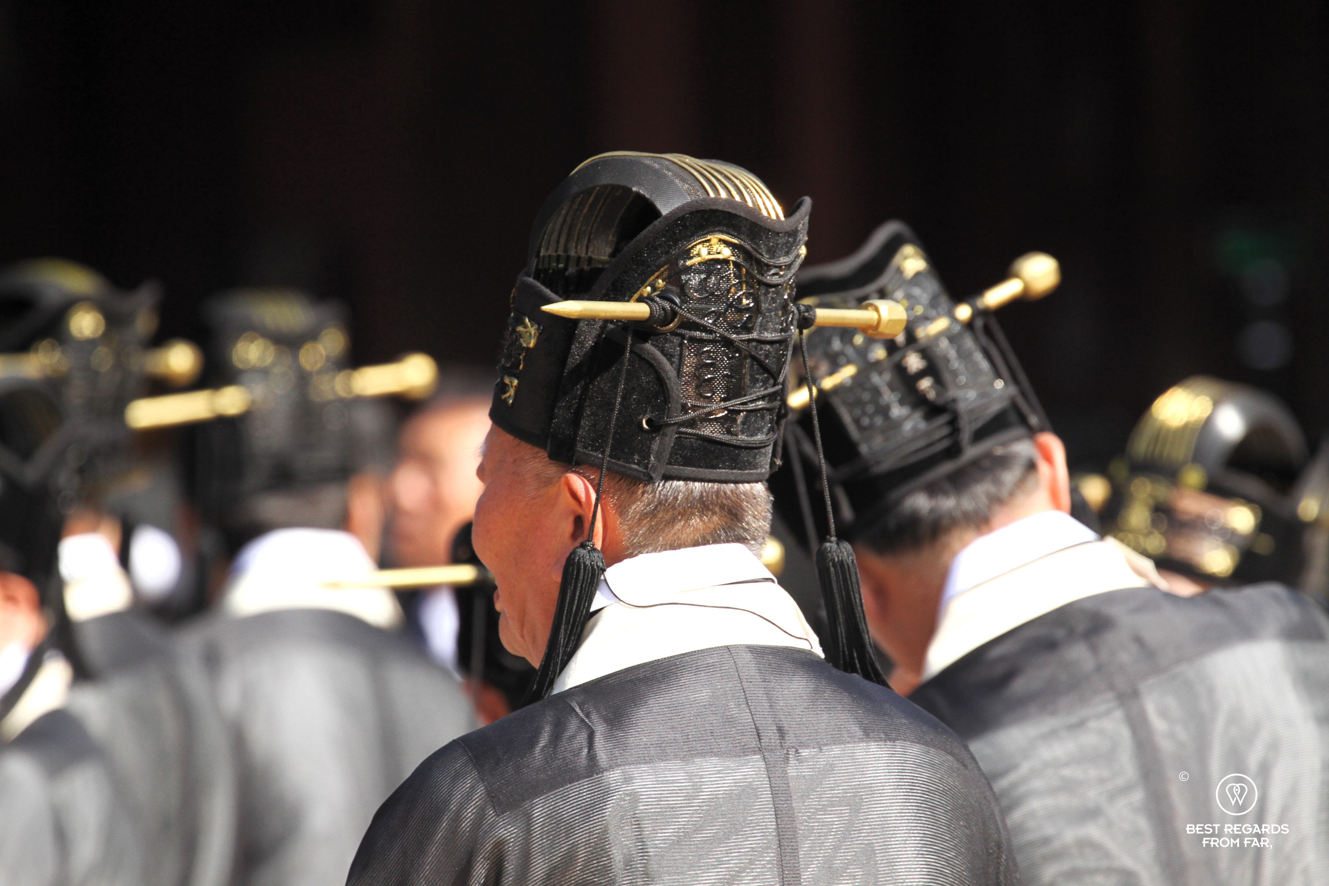 Detail of men traditional hats during the Grand ancestral rite at the Jongmyo Shrine in Seoul.