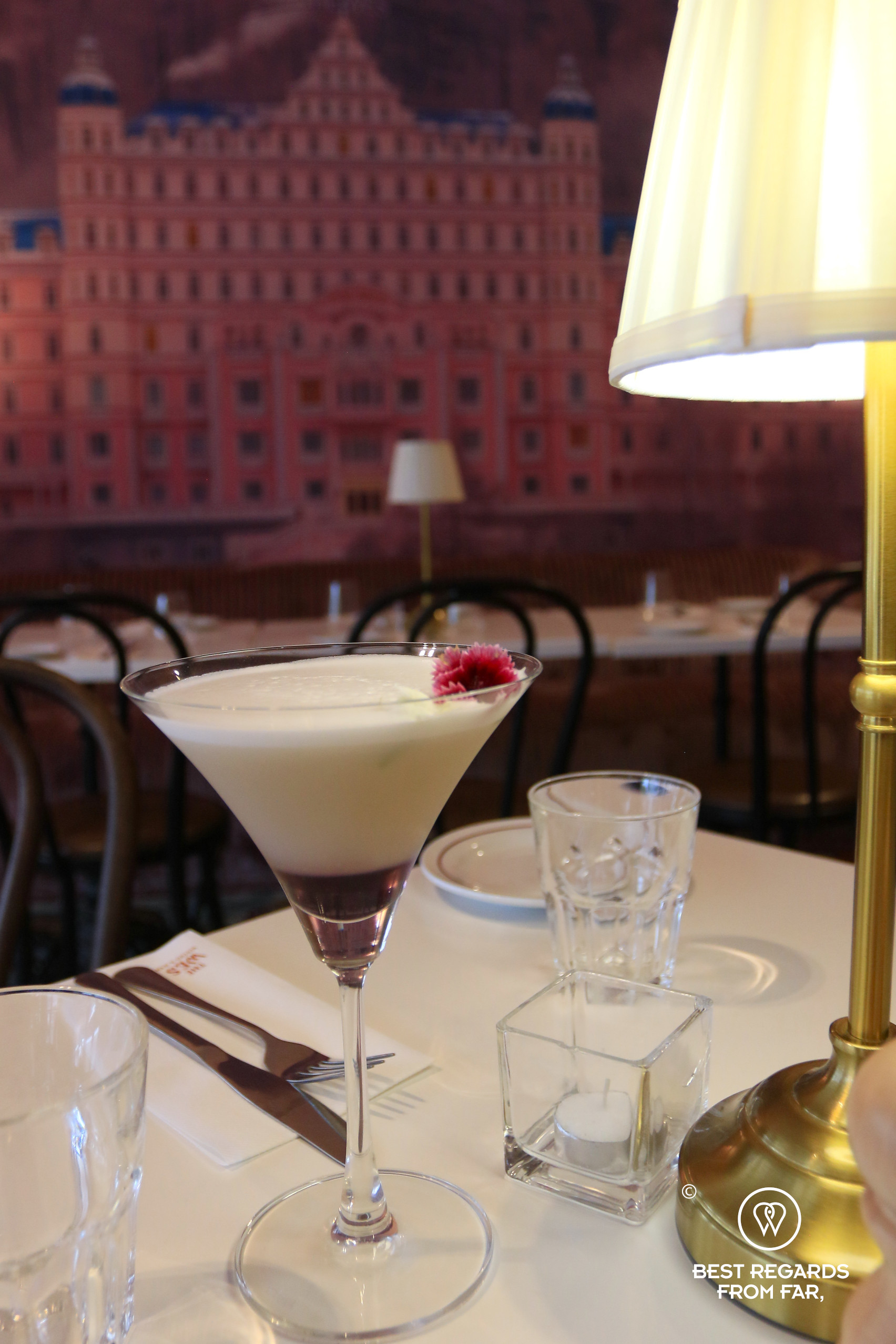 Grand Budapest cocktail in the grand décor of The Wes Restaurant in Cape Town.