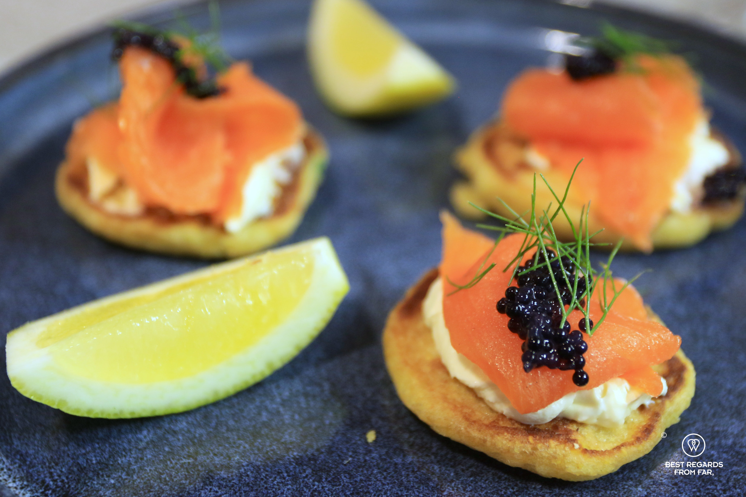 Close up of smoked trout on blinis at The Wes in Cape Town.
