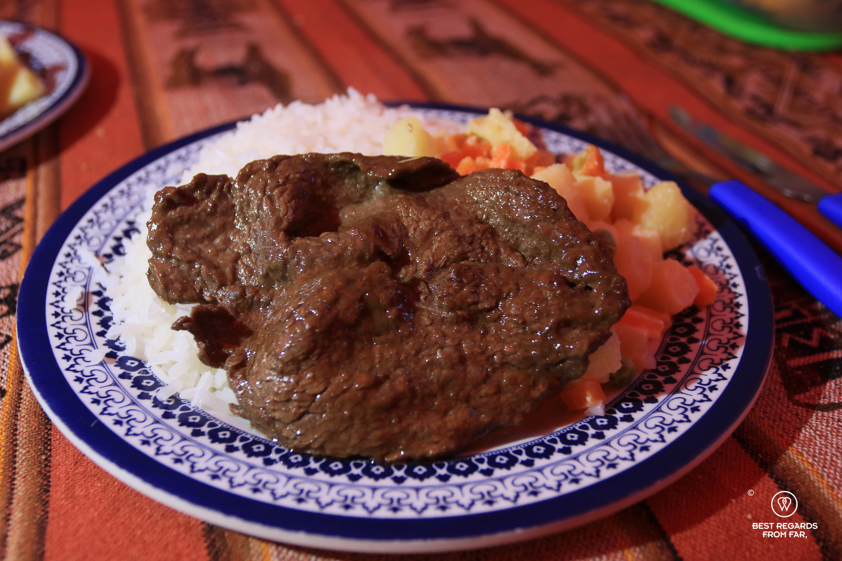 Steak served in the cooking tent at Condoriri base camp.