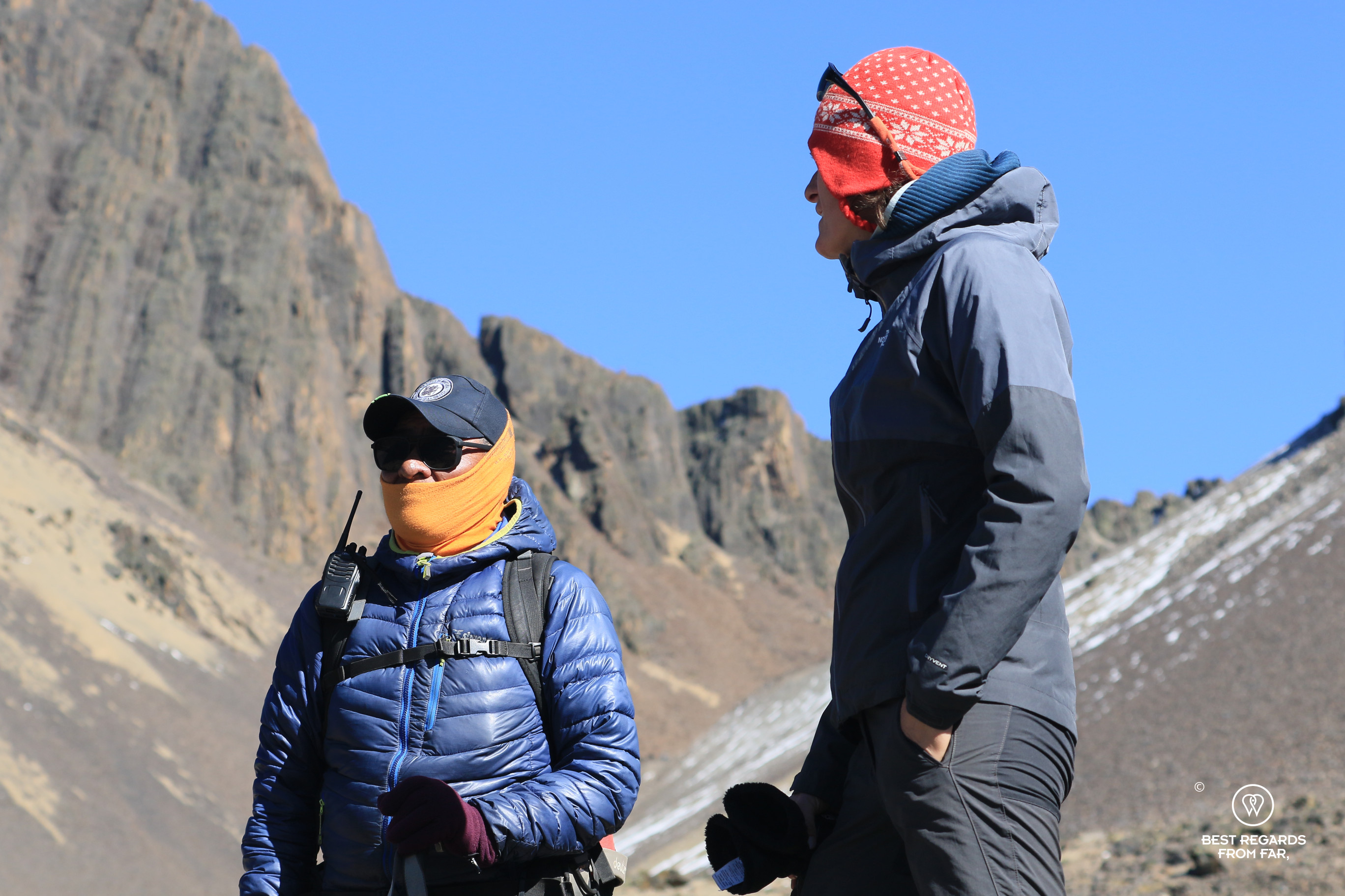 Author Marcella van Alphen discussing with high-mountain guide Nolberto Soliz on a hike.
