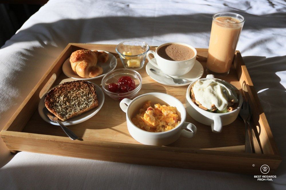 Room service breakfast at Casa Fusion Hotel Boutique in La Paz.