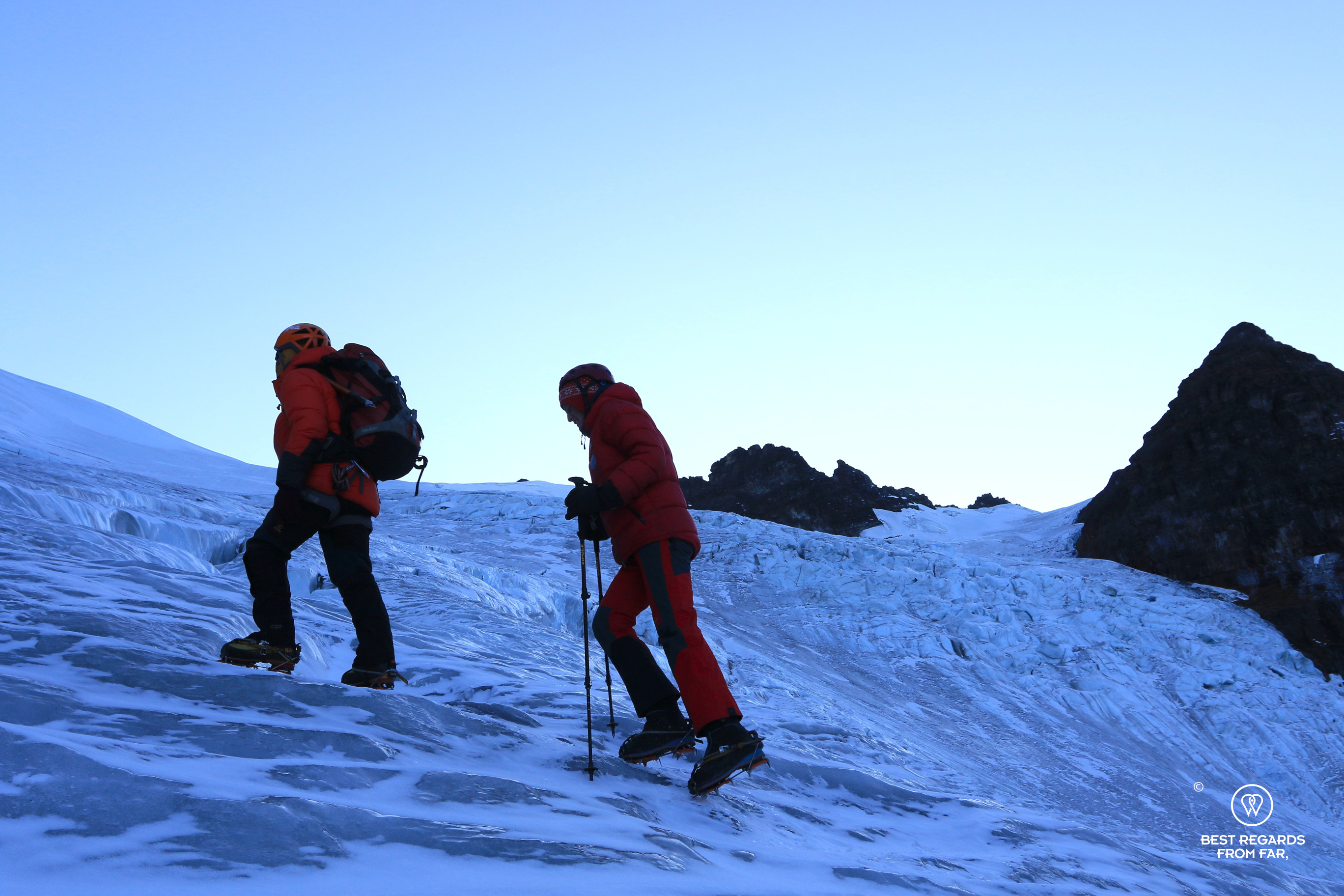 Mountaineering on the glacier of Tarija Peak in the Cordillera Real.
