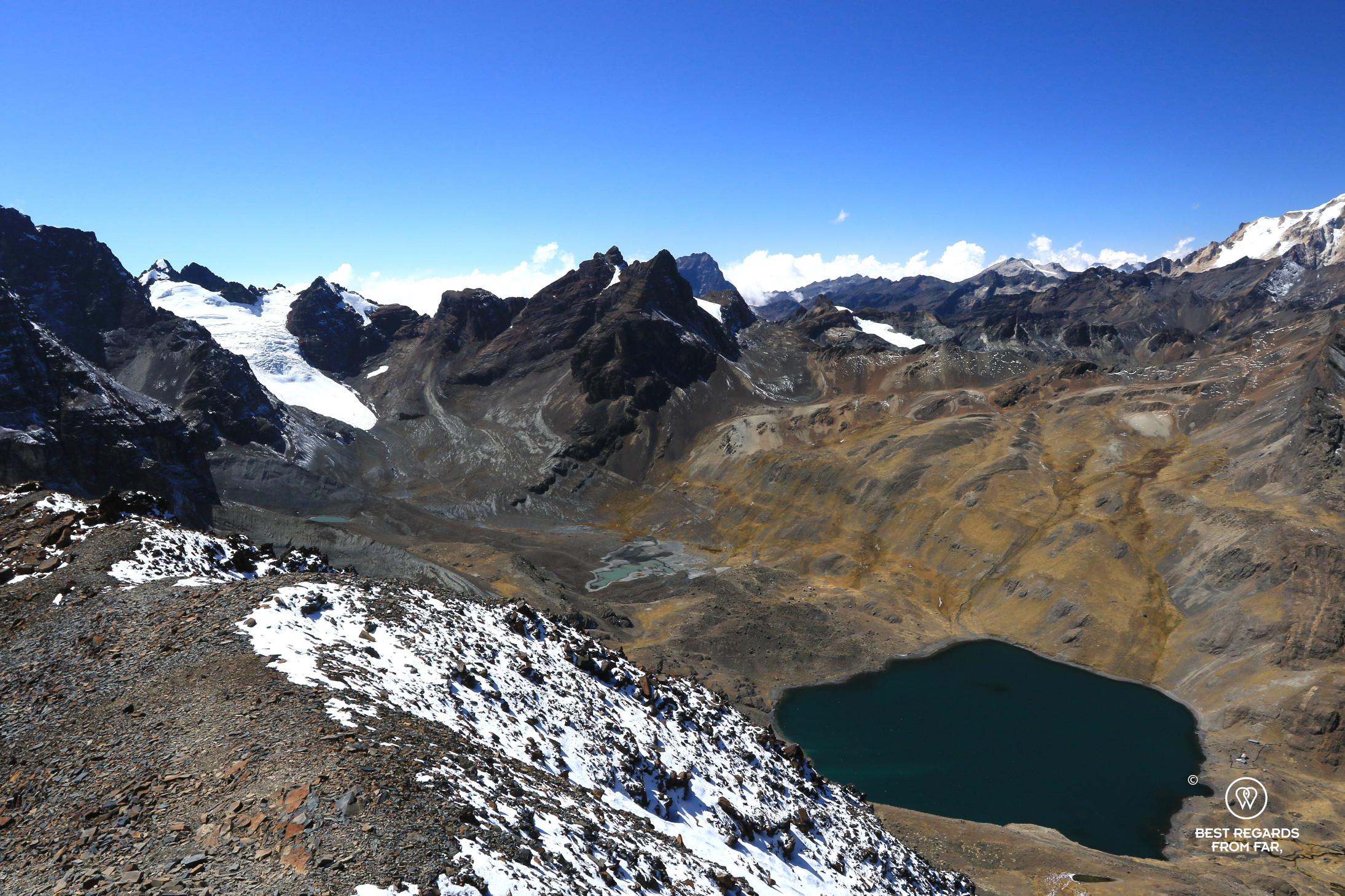 View on Tarija Peak and its glacier and the Cordillera Real from the Pico Austria trail.