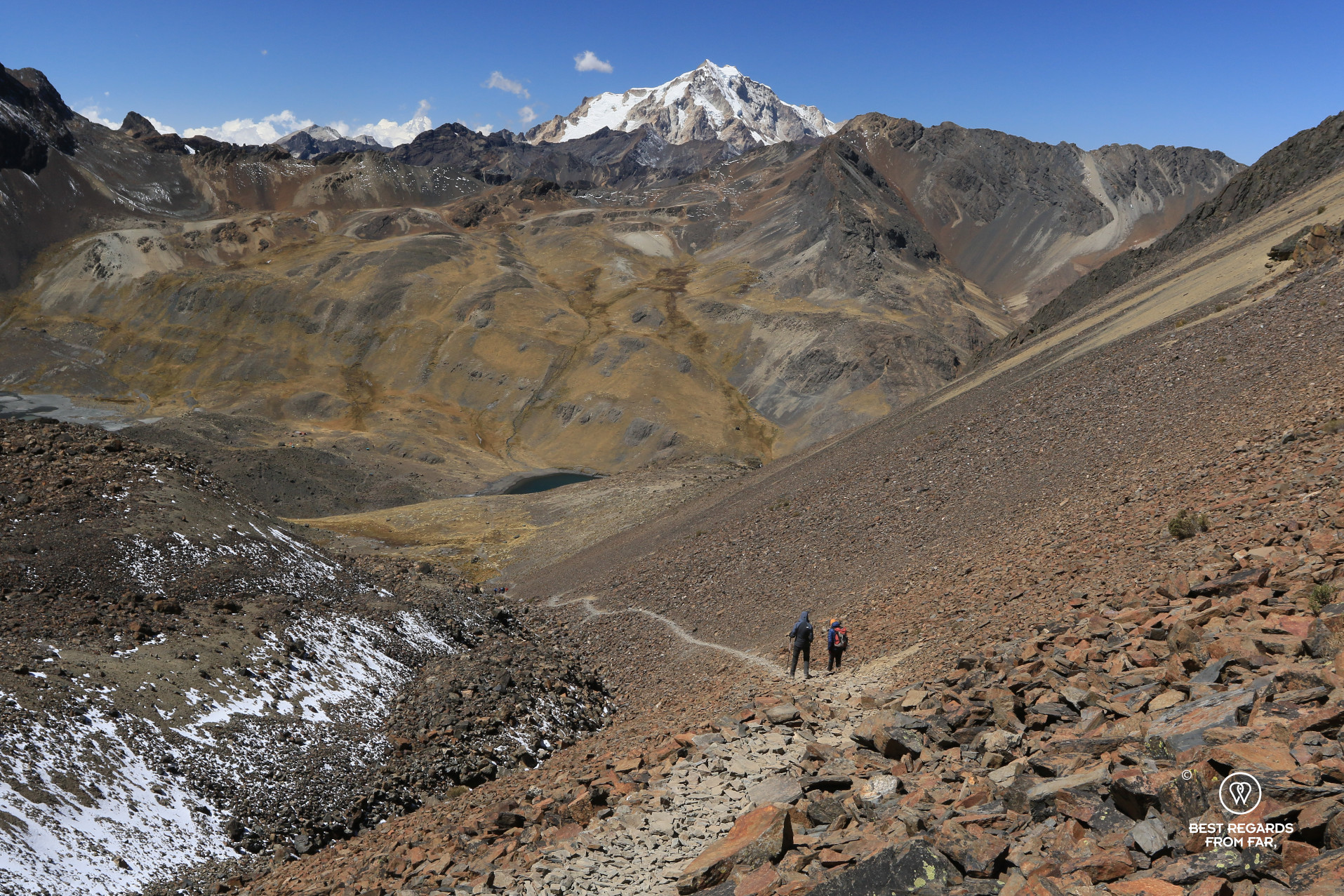 Two trekkers on the trail from Pico Austria with Huayna Potosi in the background.