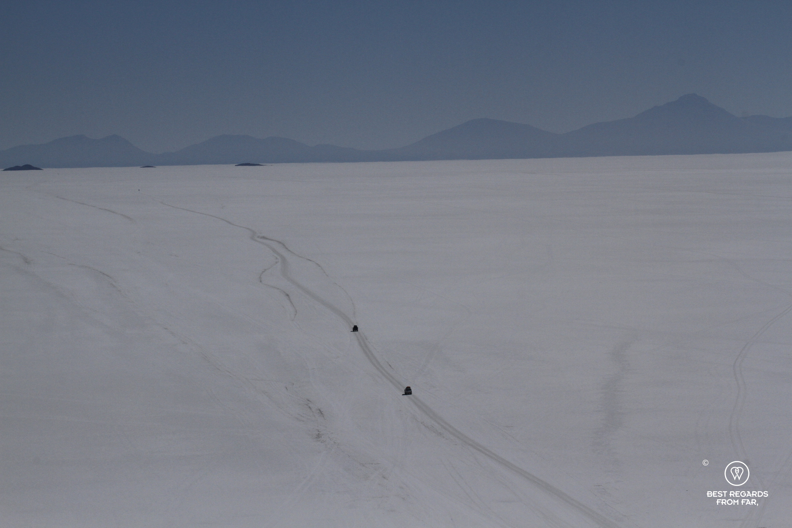 4x4 crossing the Salar de Uyuni in Bolivia.