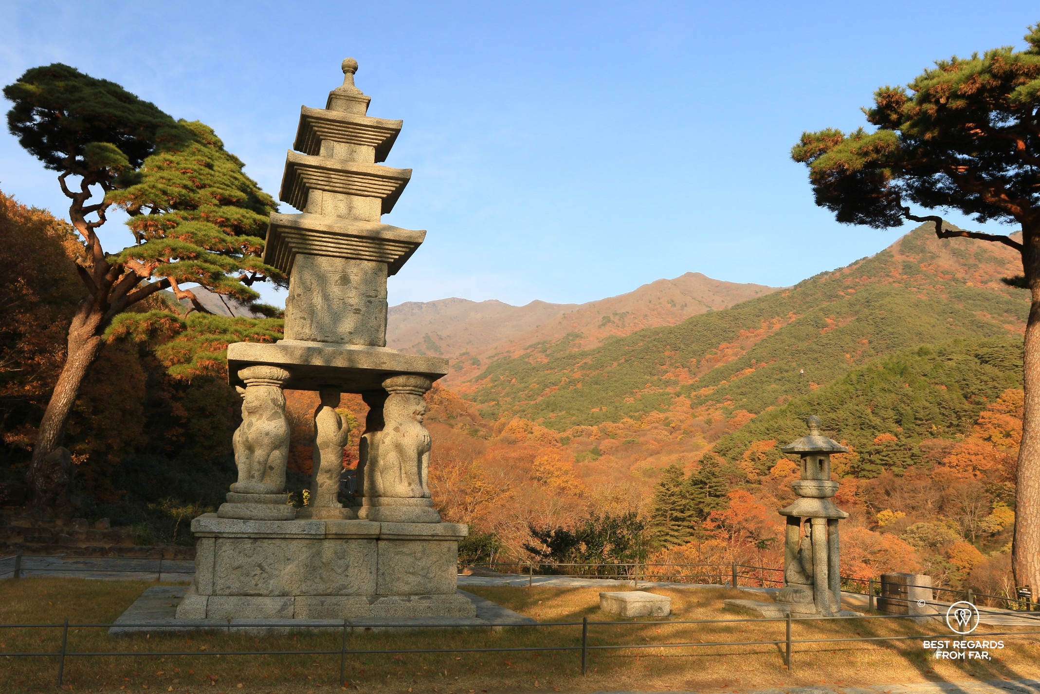 HwaeomSa temple with fall foliage.