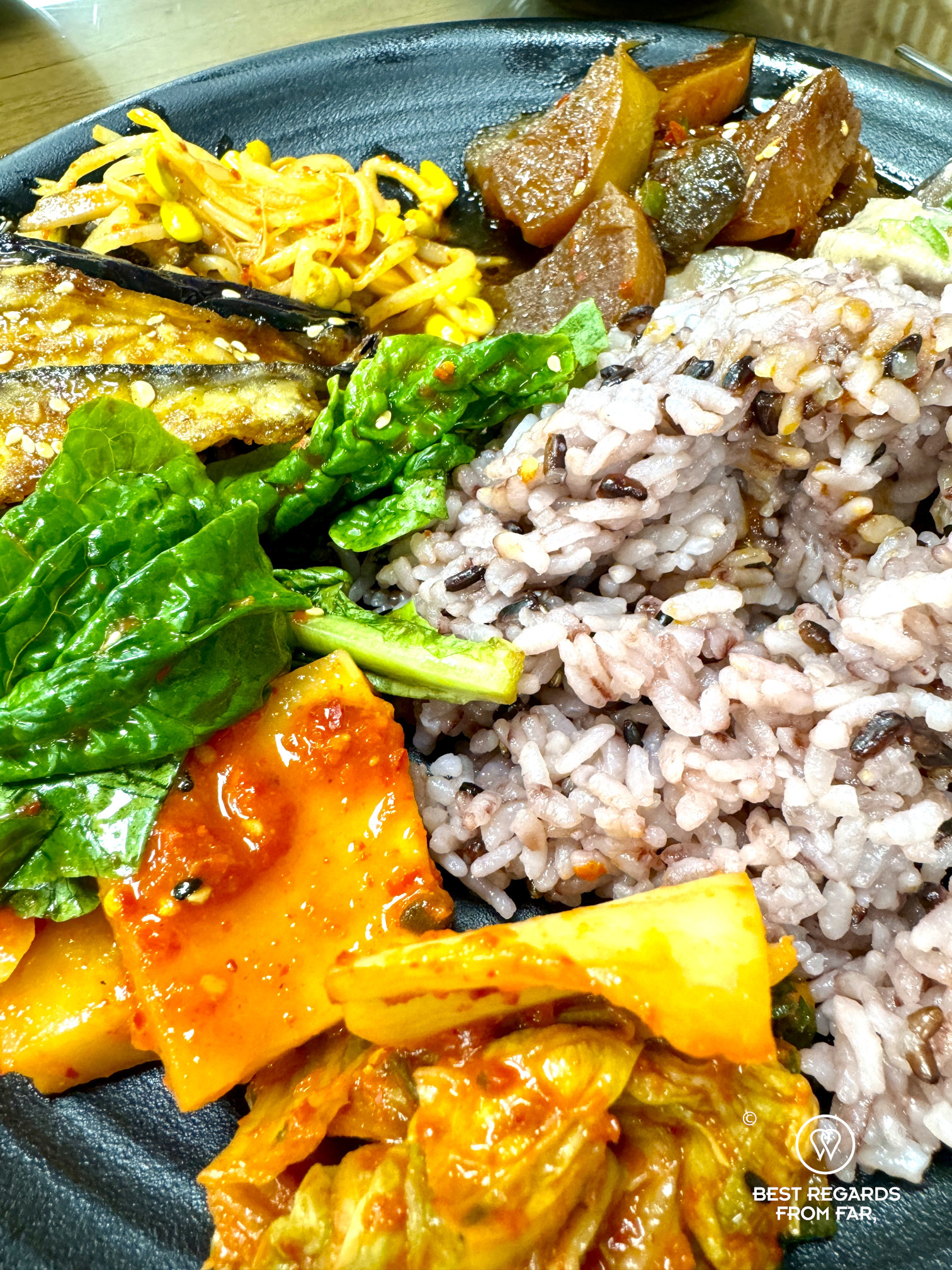 Colorful plate of vegan food served during the HwaeomSa temple stay in South Korea.