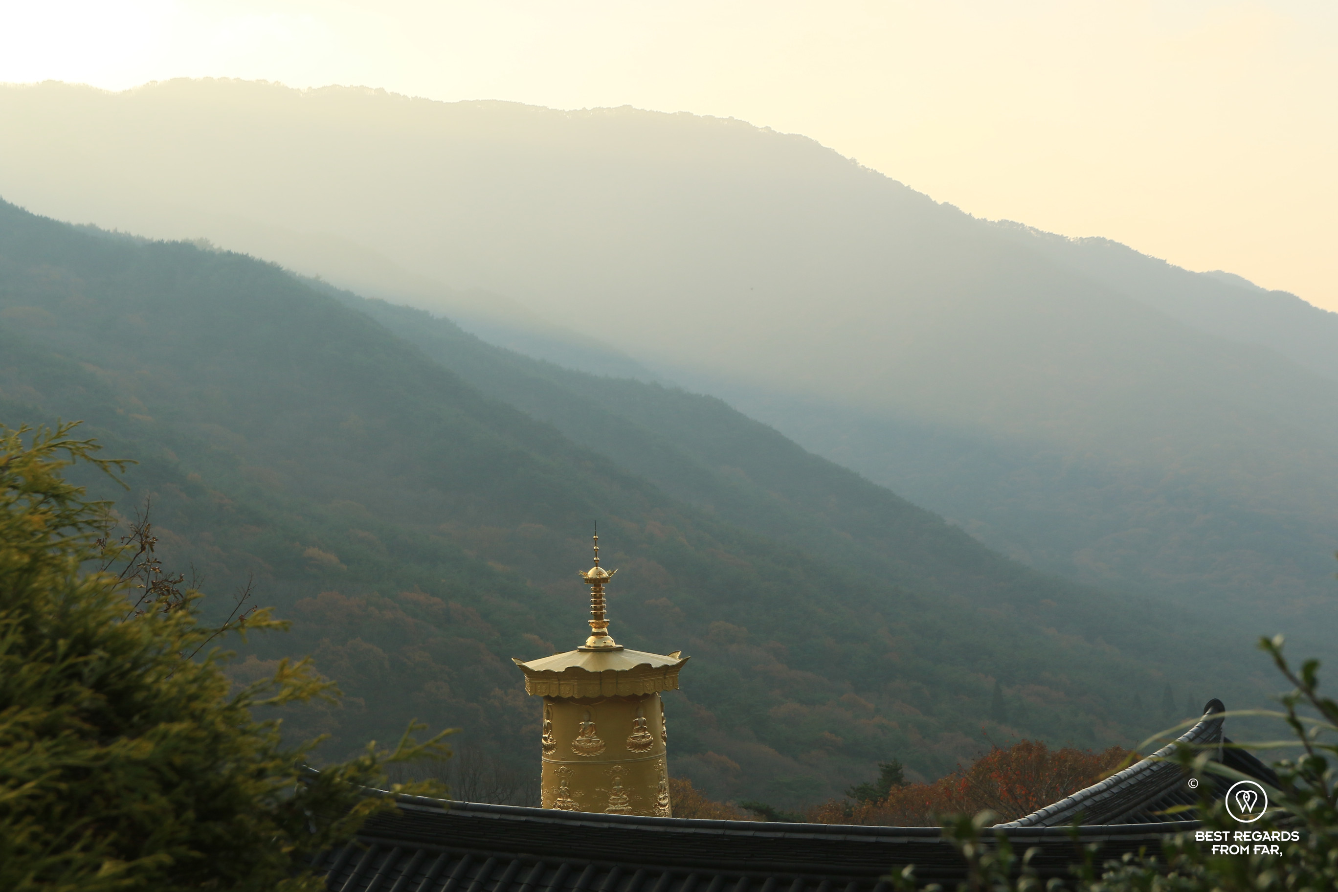 The hermitage at HwaeomSa temple with the Jirisan NP mountains in the background at sunrise.