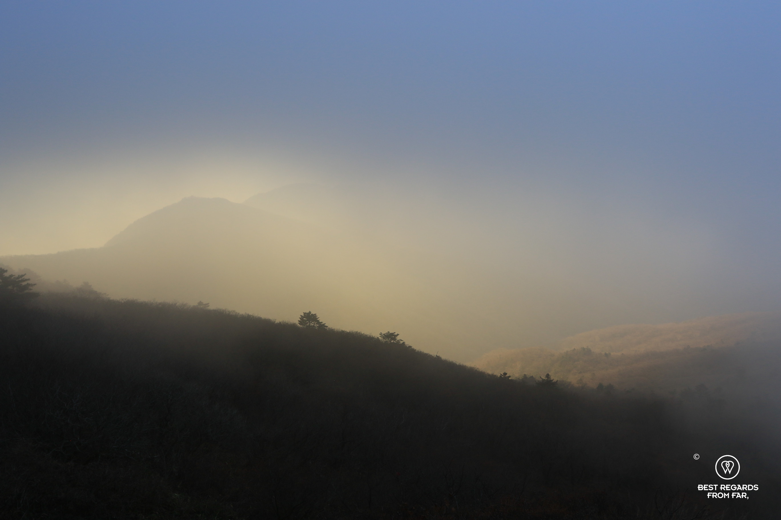 Views in the winter mist at sunrise on the Jirisan National Park in South Korea.