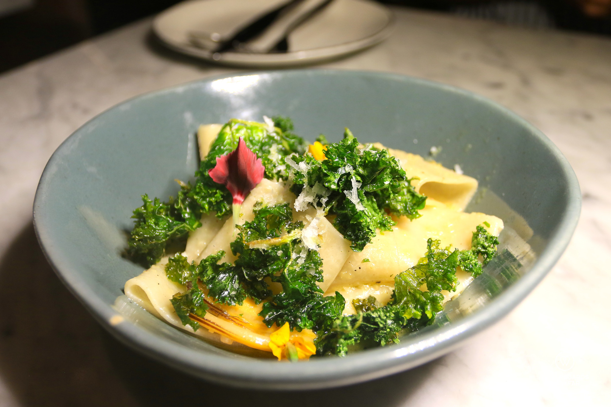 Pacchero with mussels and fried kale at Scala.