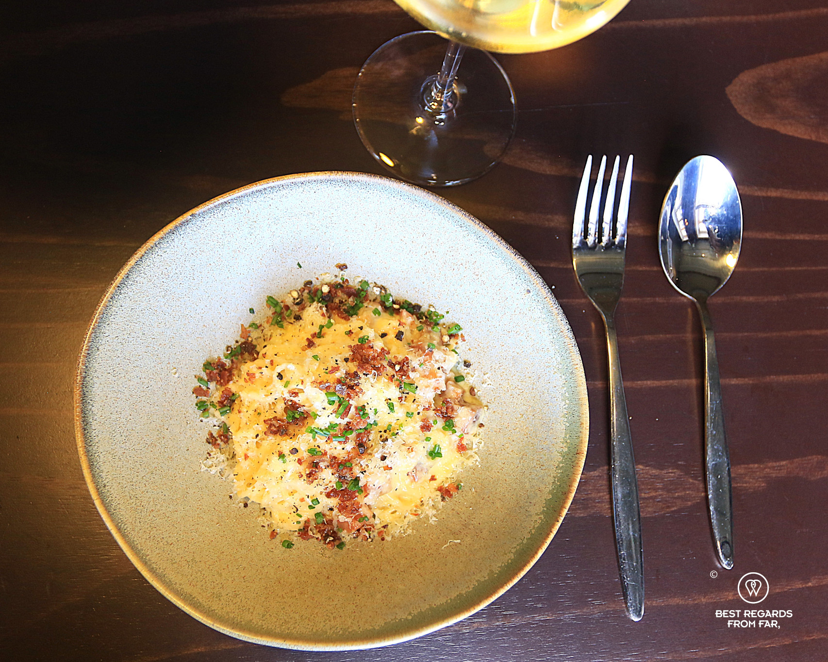 Carbonara photographed from the top at the Merchant restaurant in Cape Town.