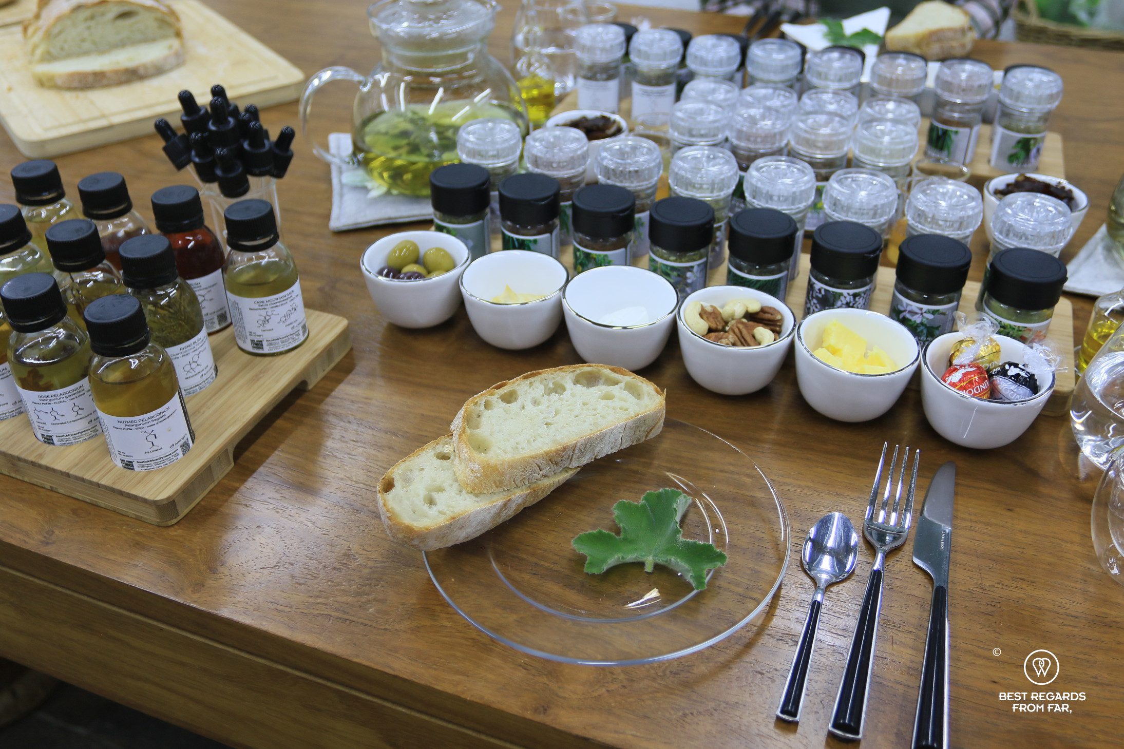 Fynbos salts, peppers, herbs and vinegars on a table for a tasting at Cape Town Fynbos Experience.