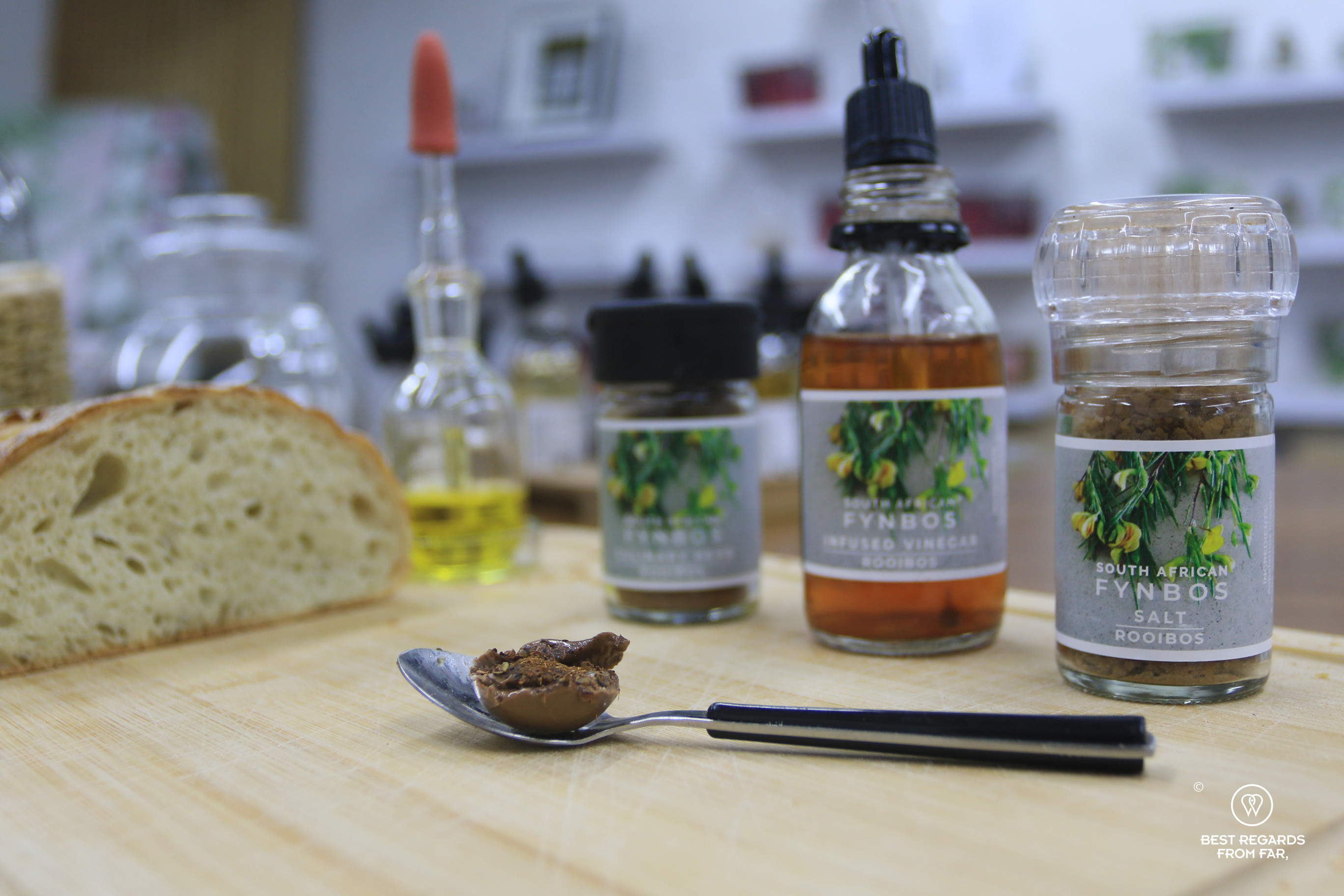 Chocolate ready to be tasted with fynbos salt, vinegar and herbs.