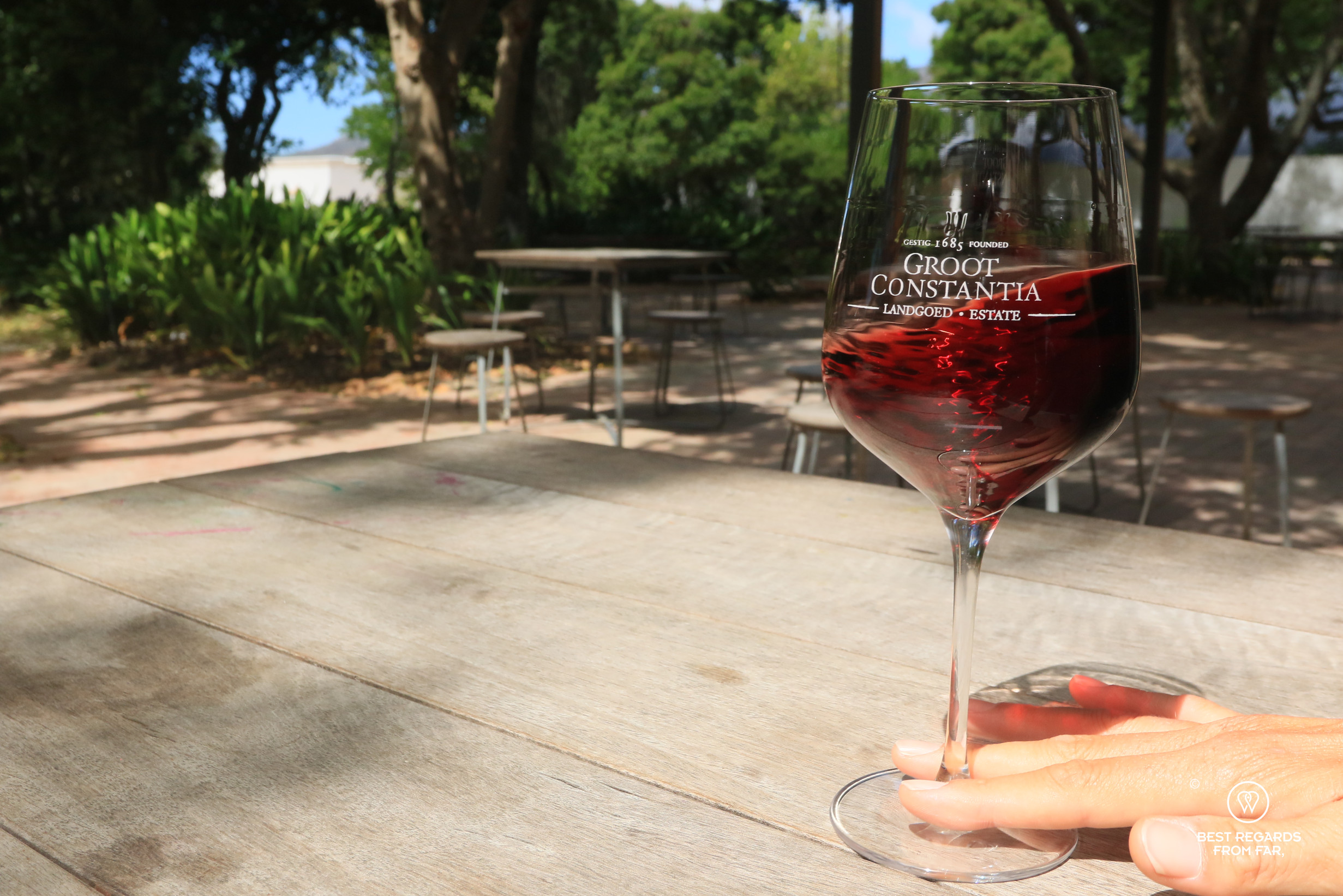 Swirling red wine in a glass at Groot Constantia.