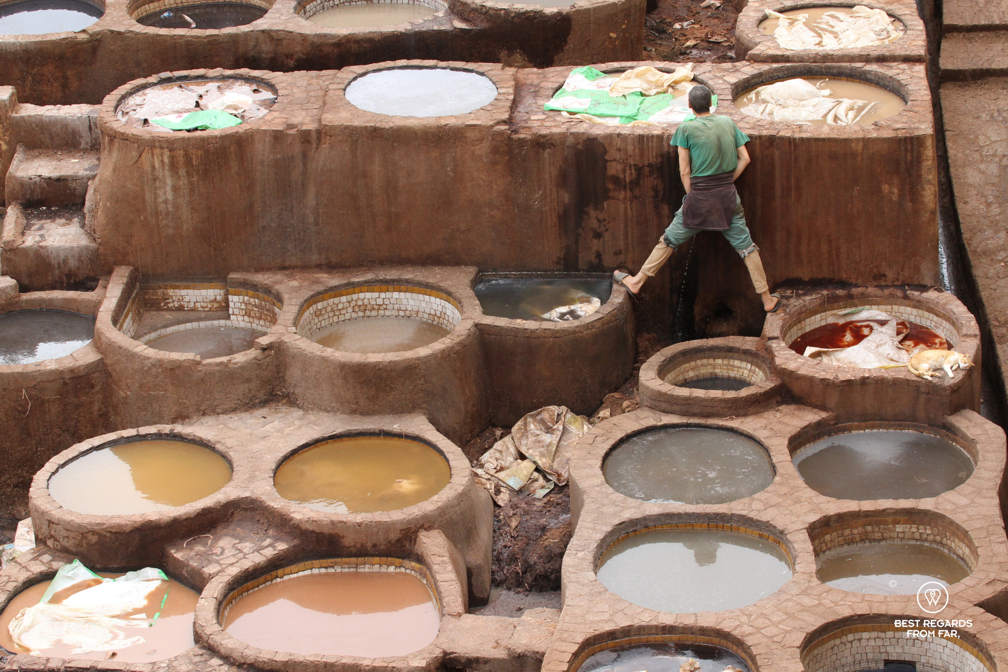 Leather tanner taking a break in the tannery of Fez, Morocco.