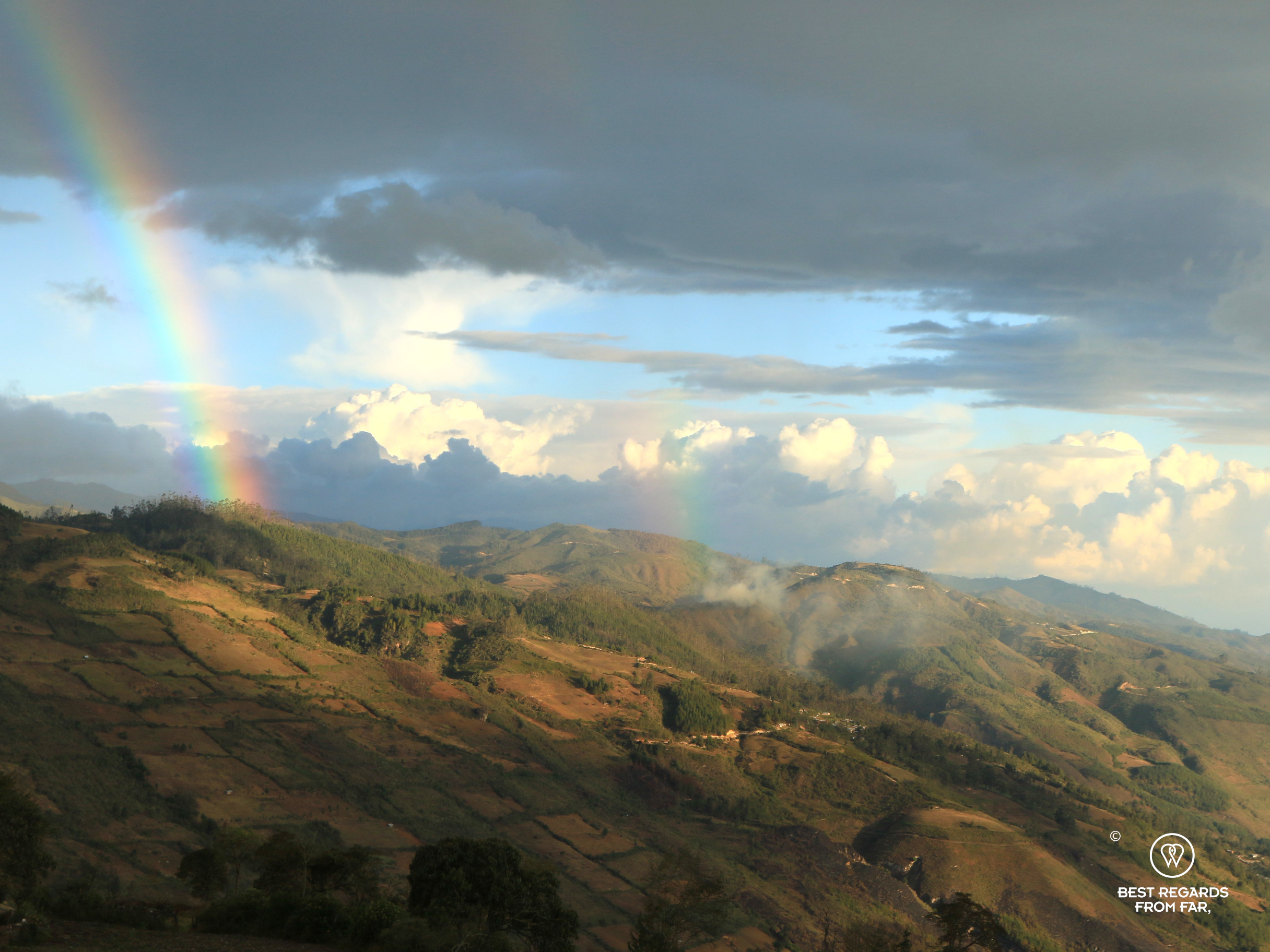 Rainbow on the Andes and the Inca Trail in the North of Peru.