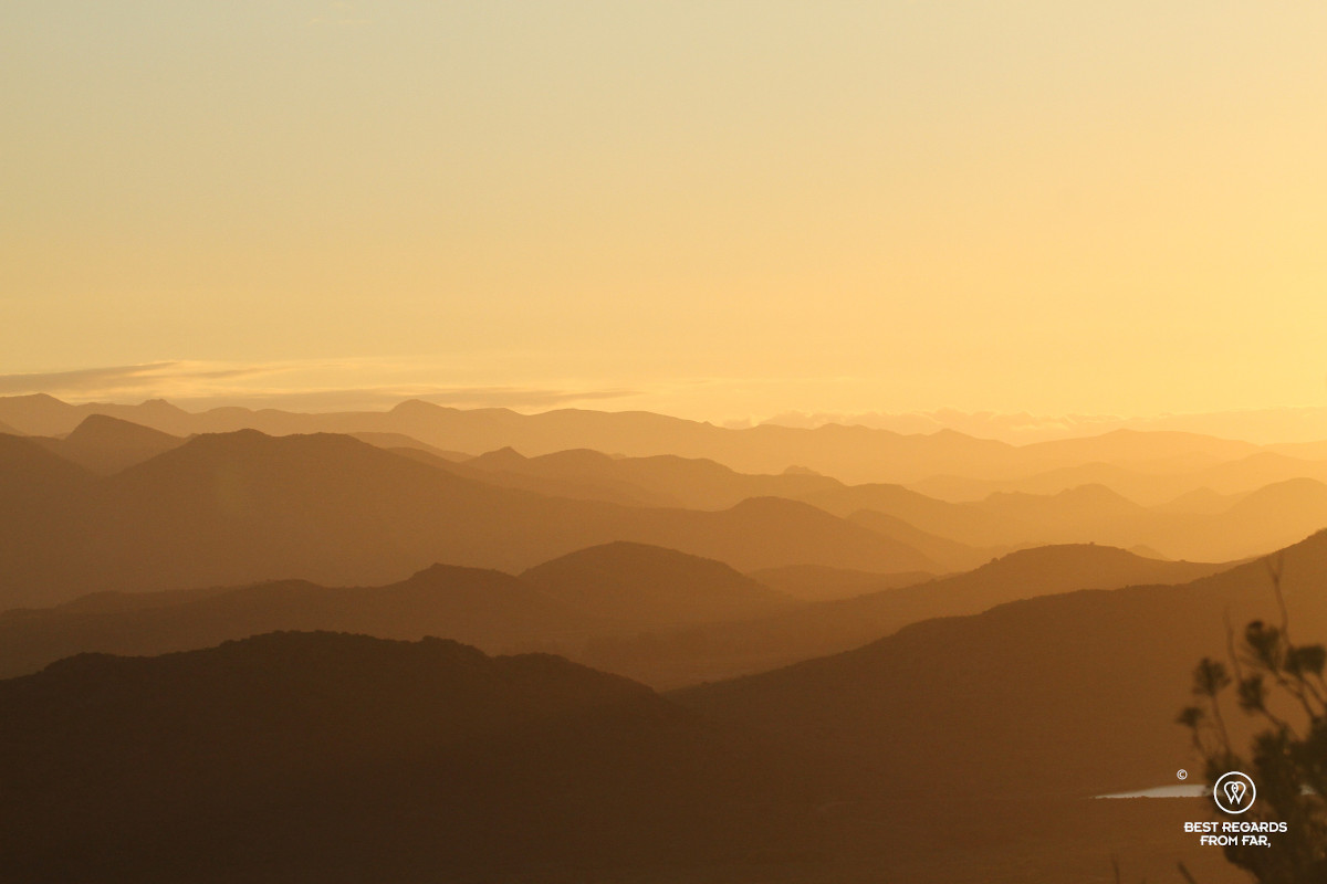 Layers of mountains at sunrise in the Western Cape in South Africa.