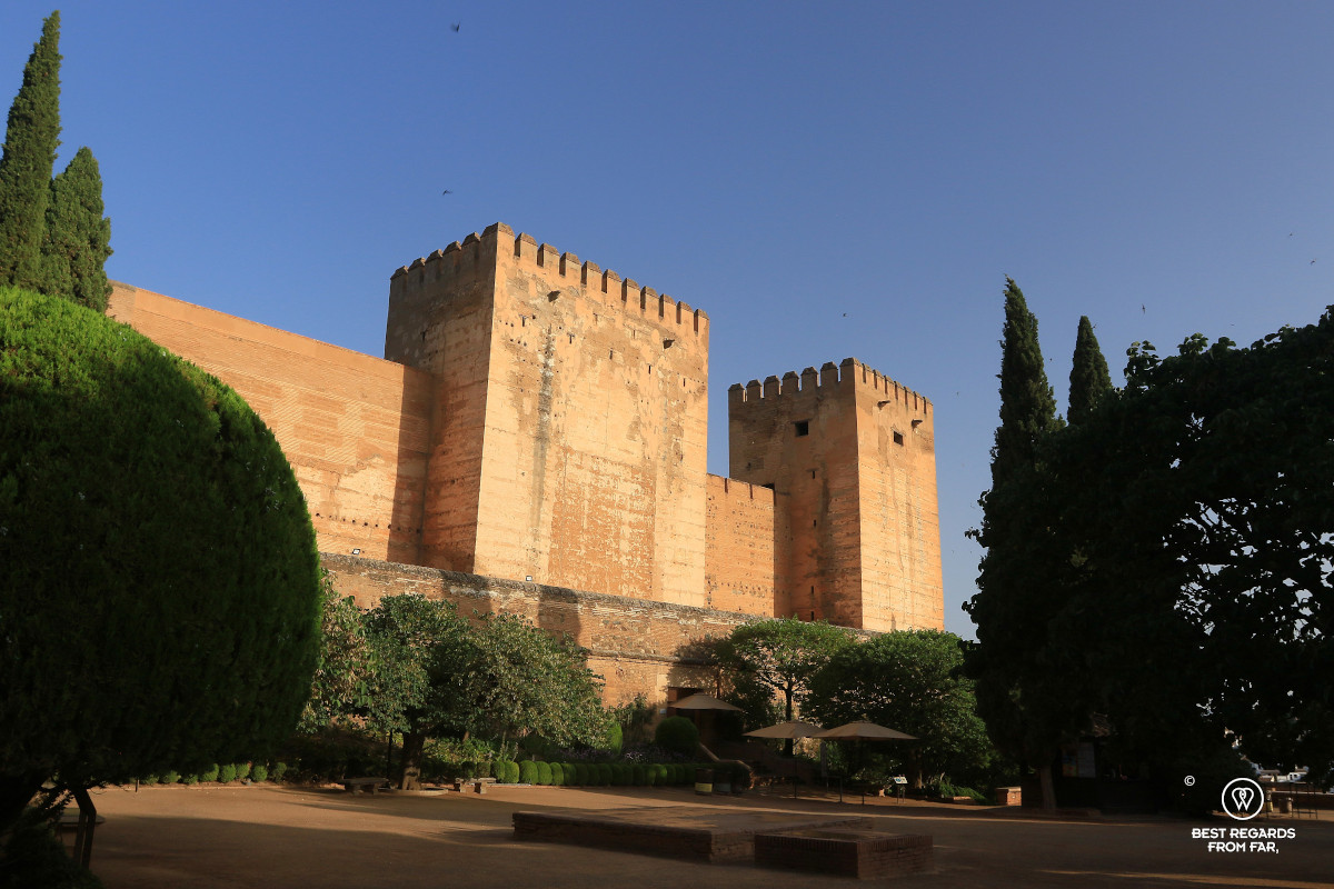 The defensive towers of the Alcazaba in the Alhambra in Granada.