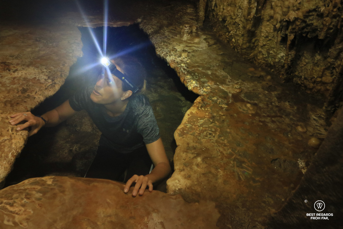Author Marcella van Alphen during the adventure tour inside the Cango Caves.