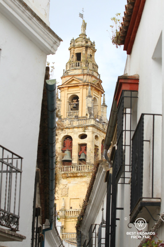 The Mosque Cathedral seen from the medieval streets of La Juderia in Cordoba.