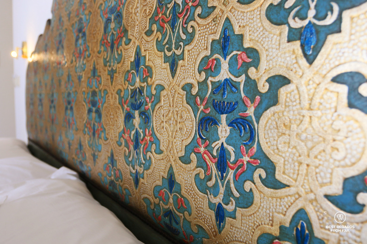 Cordoban leather headboard at Las casas de la Juderia hotel in Cordoba.