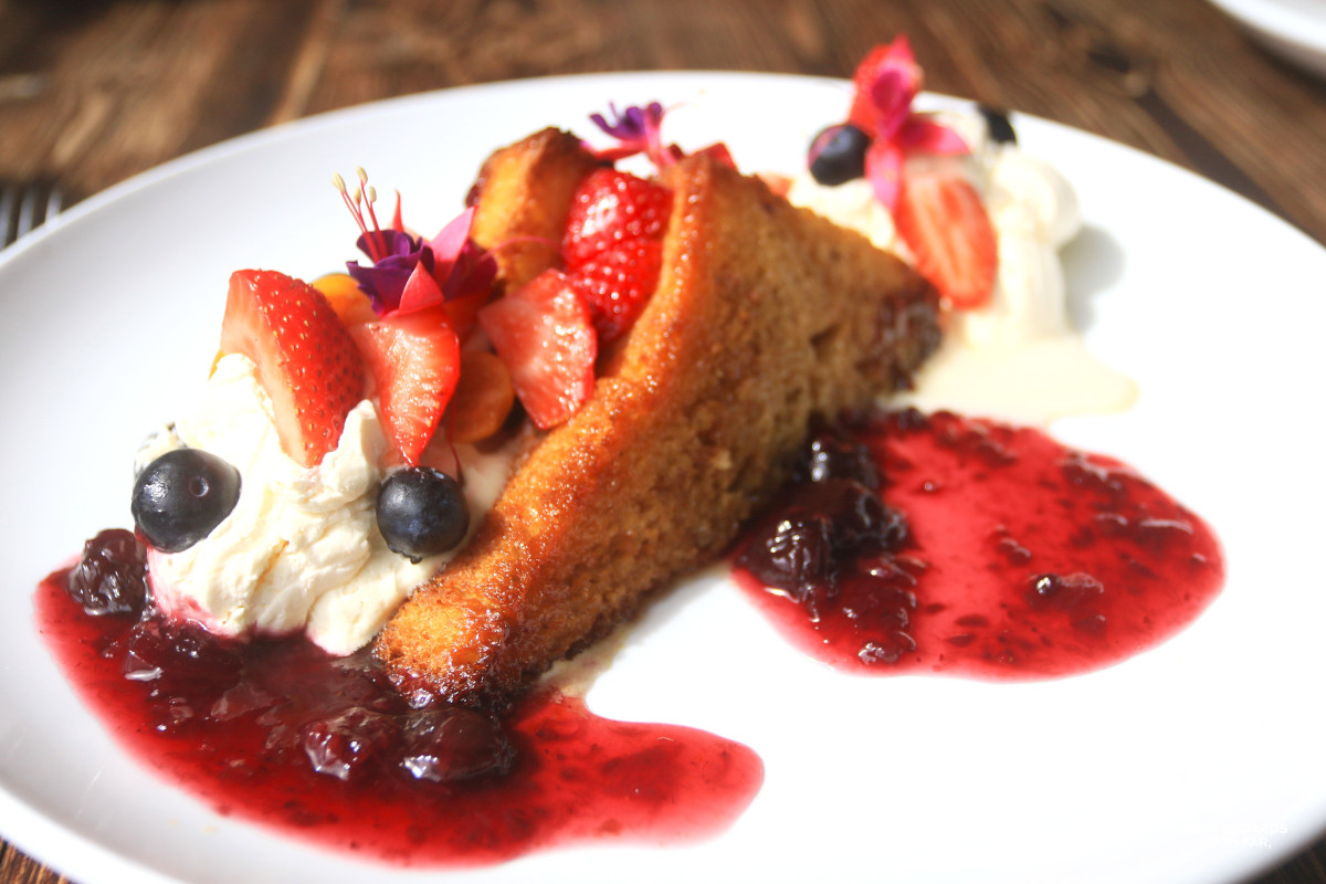 Japanese milk toast with honey, coulis and fresh strawberries and blueberries at the Turbine Hotel in Knysna.