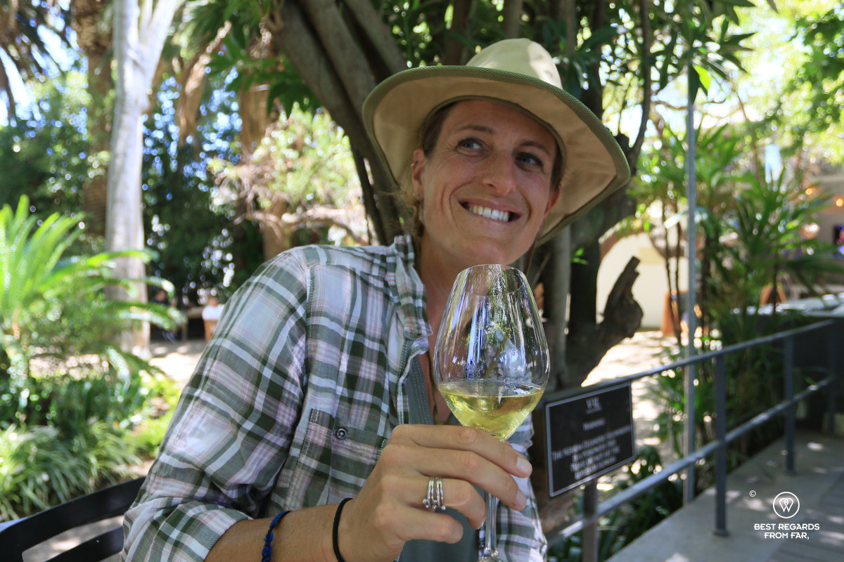 Marcella van Alphen with a glass of white wine at the Van Loveren Wine Estate, South Africa.