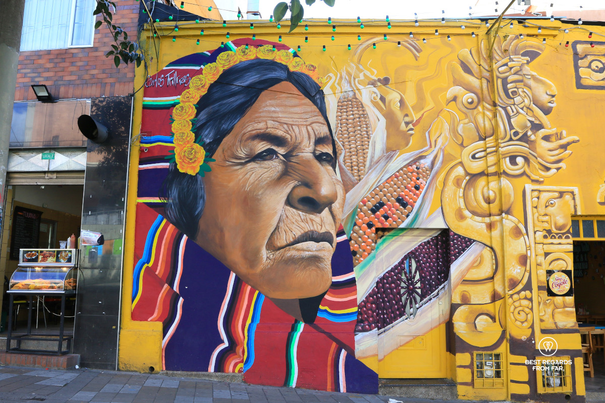 Large mural of an indigenous person on a wall in the streets of Bogota.