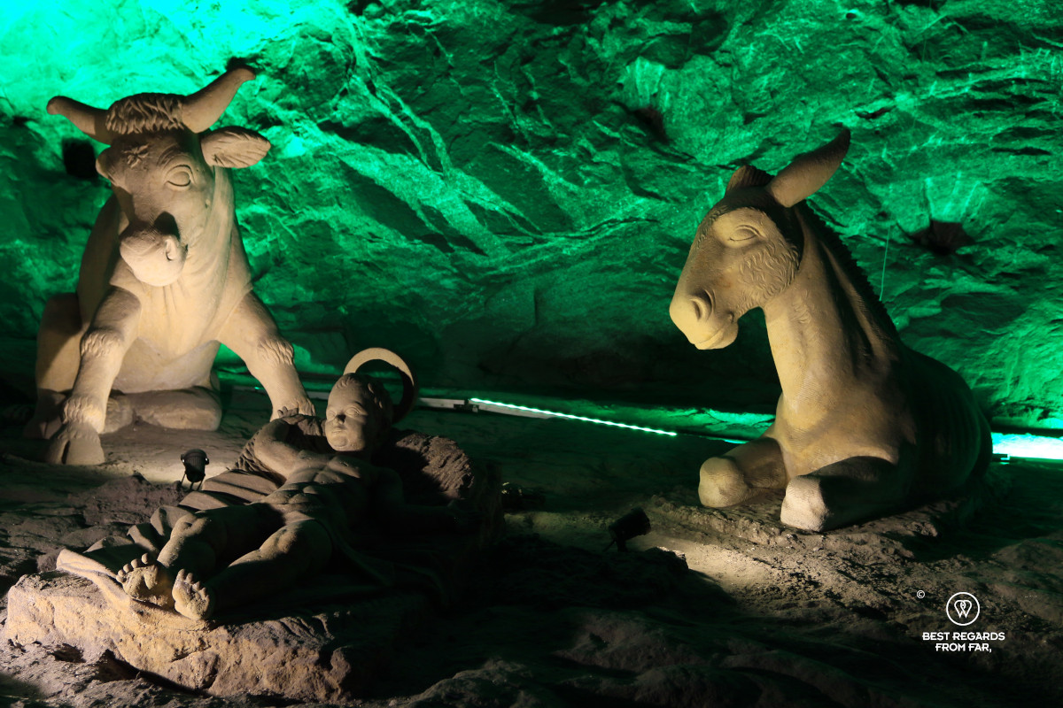 Nativity scene at the Zipaquira Salt Cathedral in Colombia with green back light.