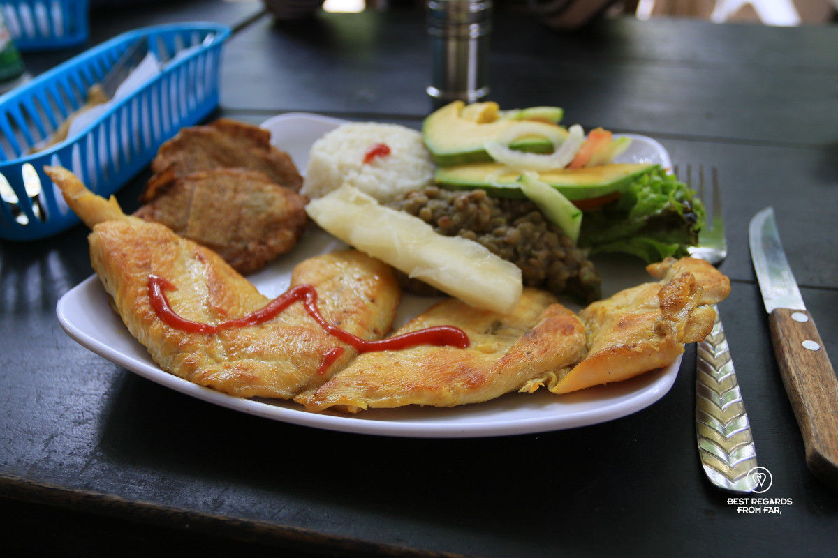 Colombian lunch with chicken breast, yucca, plantains, rice and avocados.