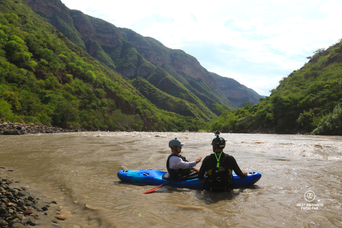 Safaty kayaker scouting the Chicamocha Canyon in Colombia.