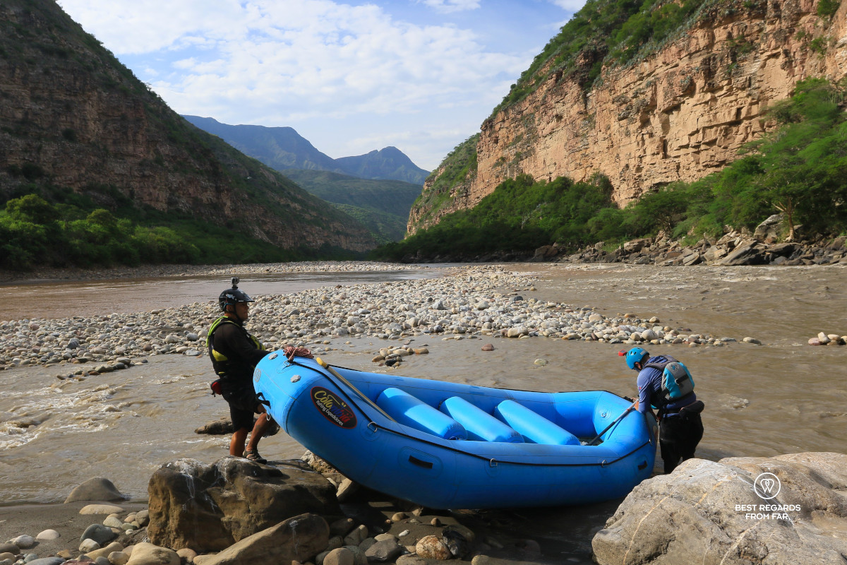 Raft at the confluence of Rio Chicamocha with Rio Suarez.