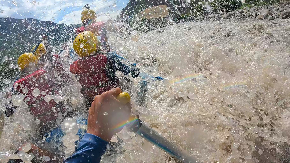 Raft amidst wild water on the Chicamocha Canyon in Colombia.
