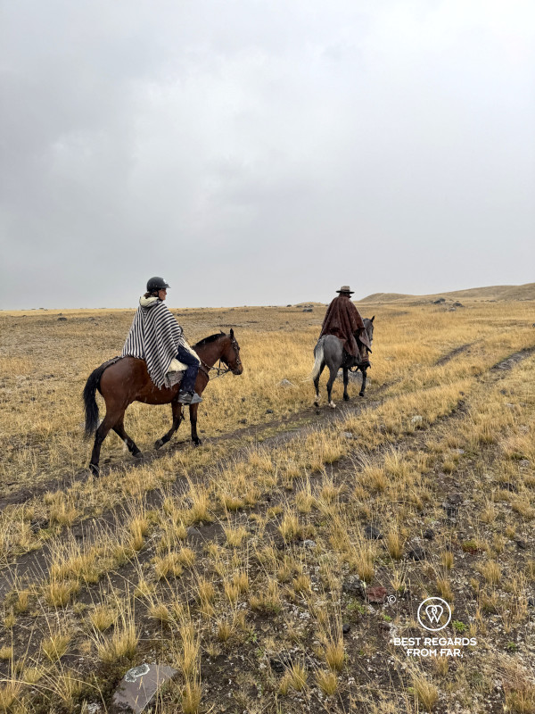 A chagra leading author Marcella van Alphen while horseback riding in Cotopaxi National Park in Ecuador.