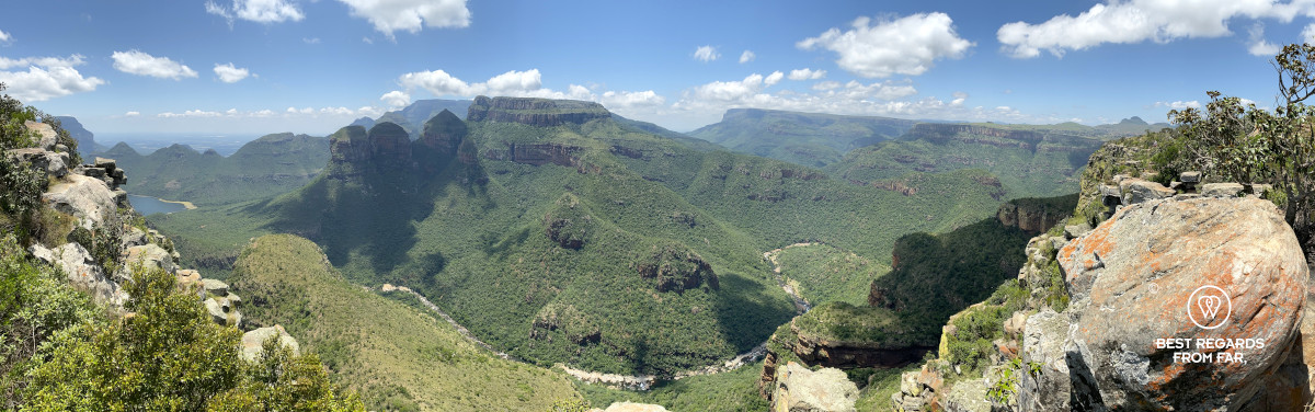 Panorama of the Blyde River Canyon with the Three Rondavels.