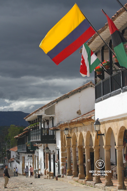 The Colombian flag waving in the sun, Villa de Leyva, Colombia.