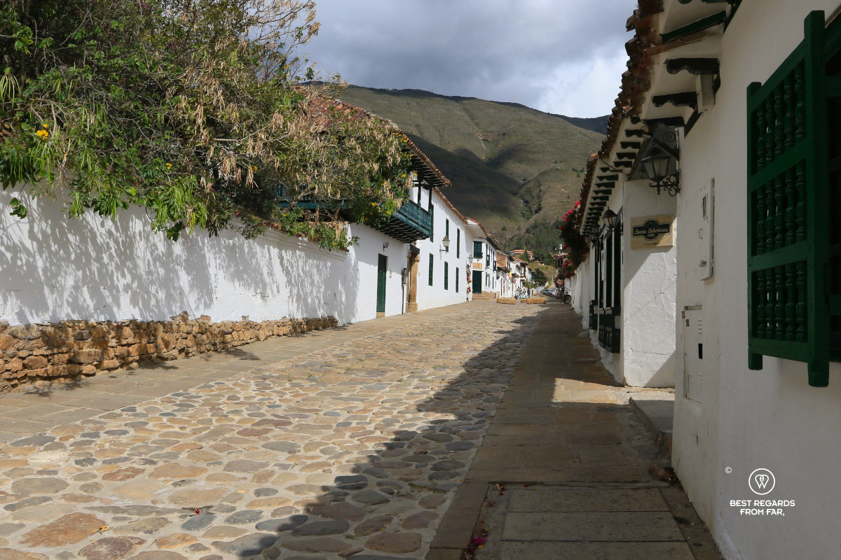 A cobblestoned street in the center of the colonial town Villa de Leyva.