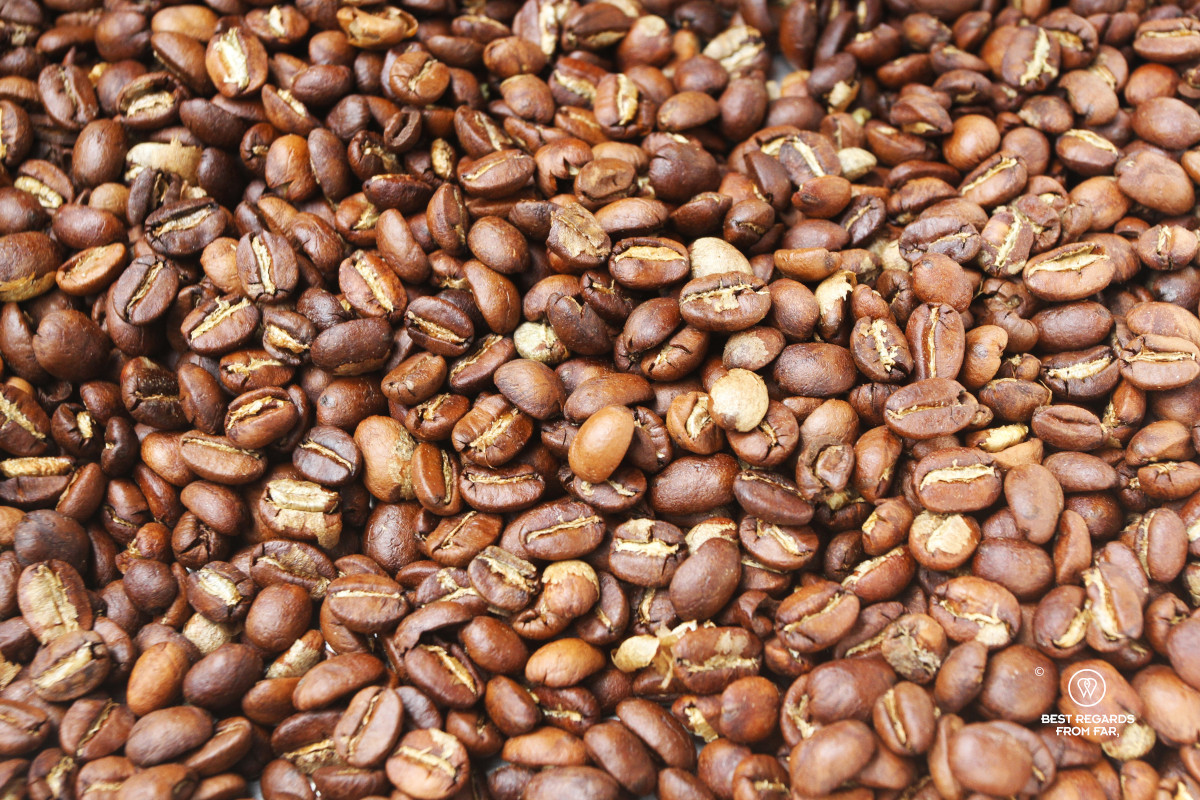 Close up of roasted coffee beans.