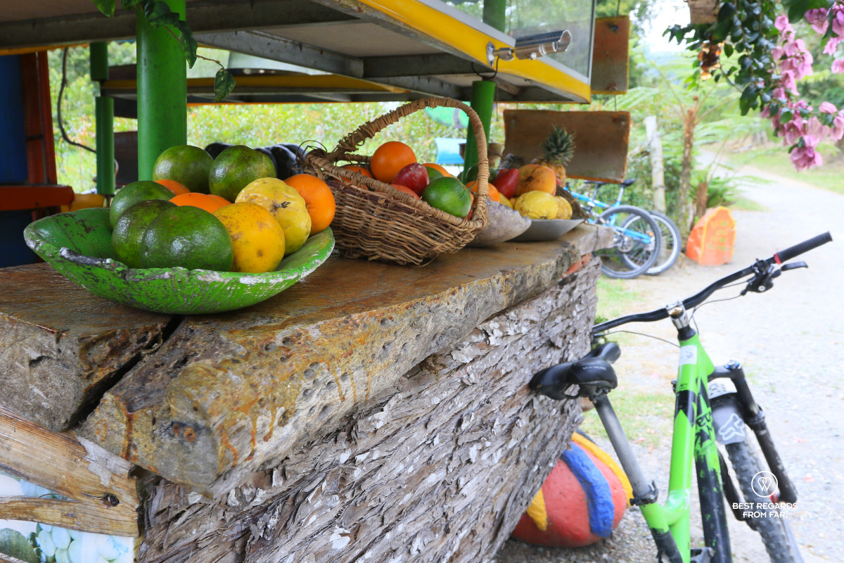 Fruit juice bar and mountain bikes.