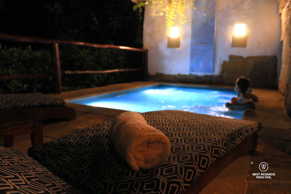 A woman in the private pool of the Chicamocha suite of Casa Yahri in Barichara.