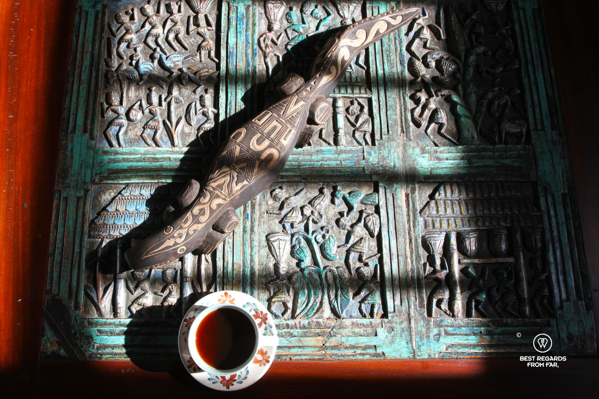 Detail of wood art at Casa Yahri in Barichara.